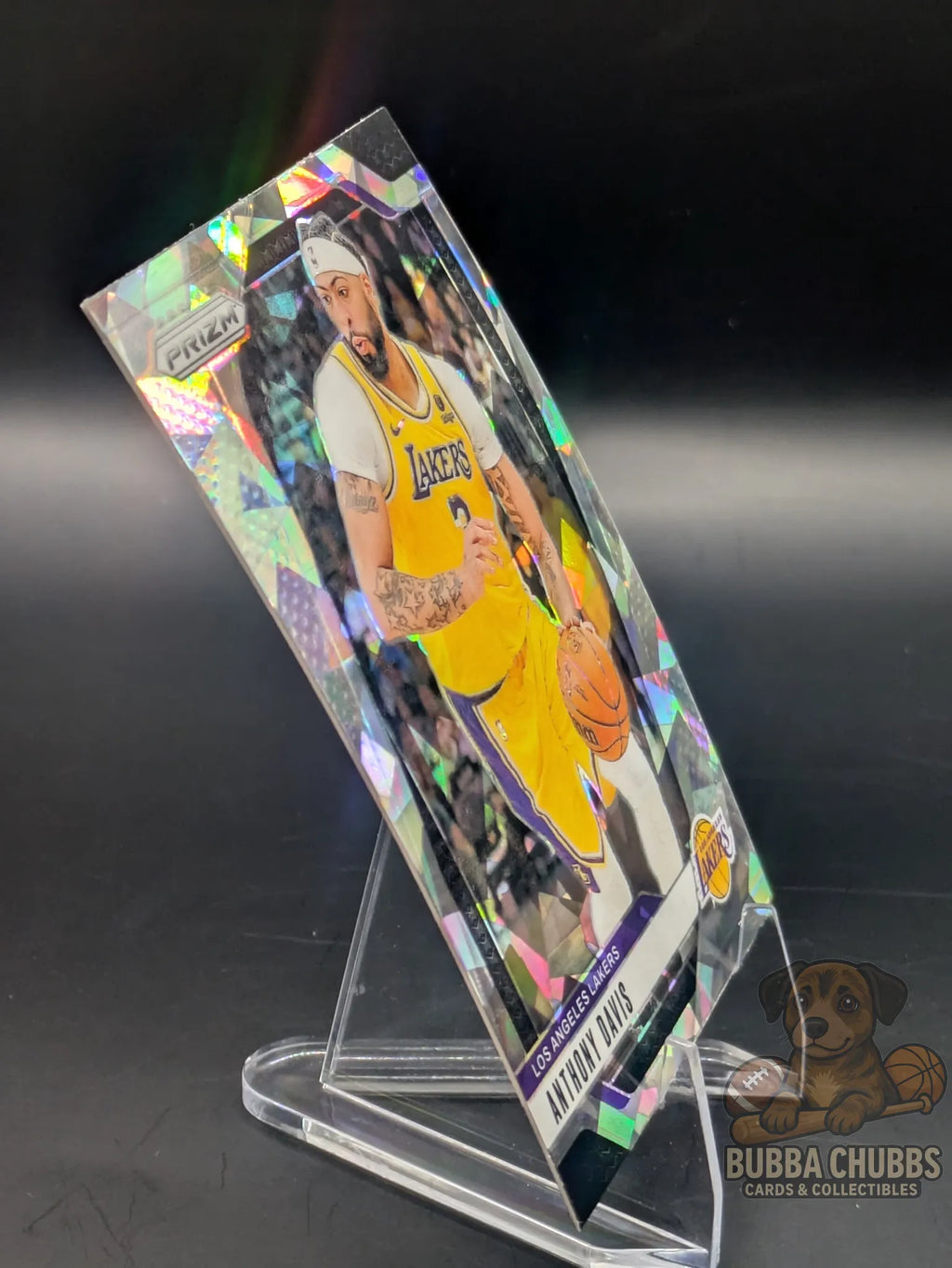 Basketball trading card featuring Anthony Davis of the Los Angeles Lakers Panini Prizm Silver Cracked Ice
