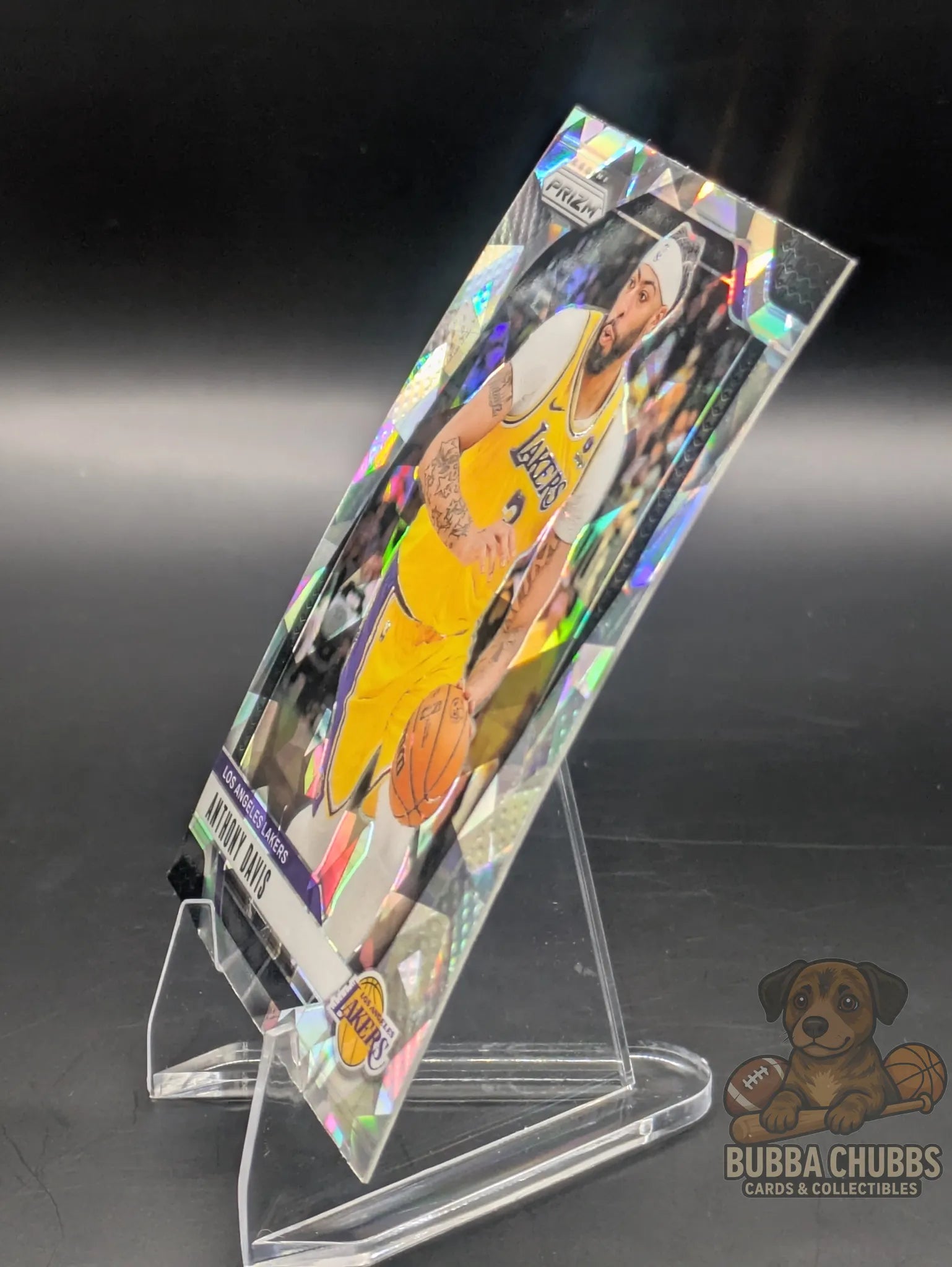 Basketball trading card featuring Anthony Davis of the Los Angeles Lakers Panini Prizm Silver Cracked Ice