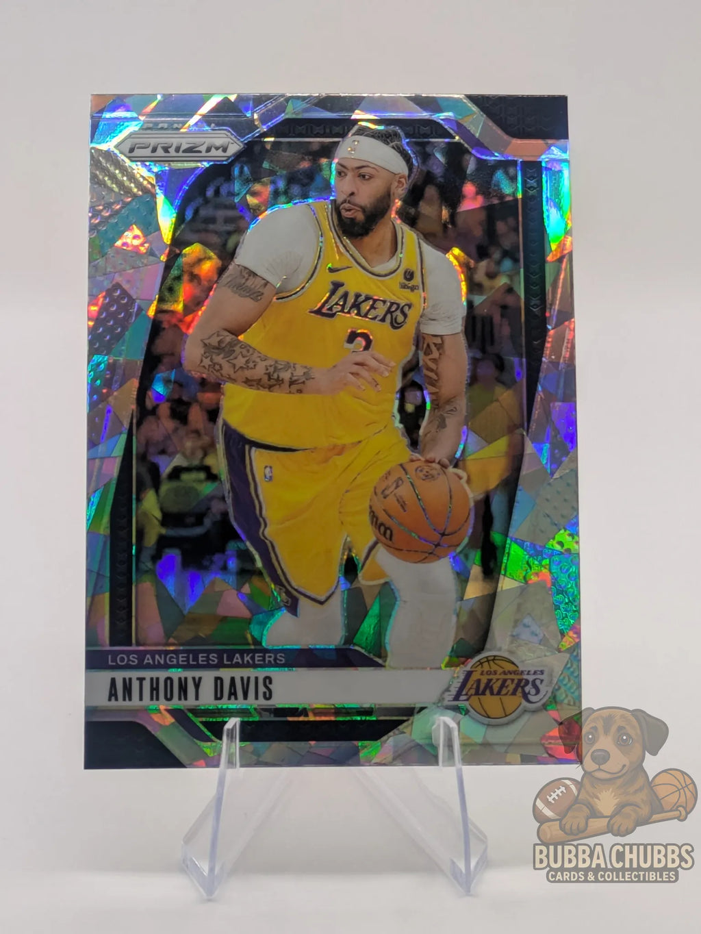 Basketball trading card featuring Anthony Davis of the Los Angeles Lakers Panini Prizm Silver Cracked Ice