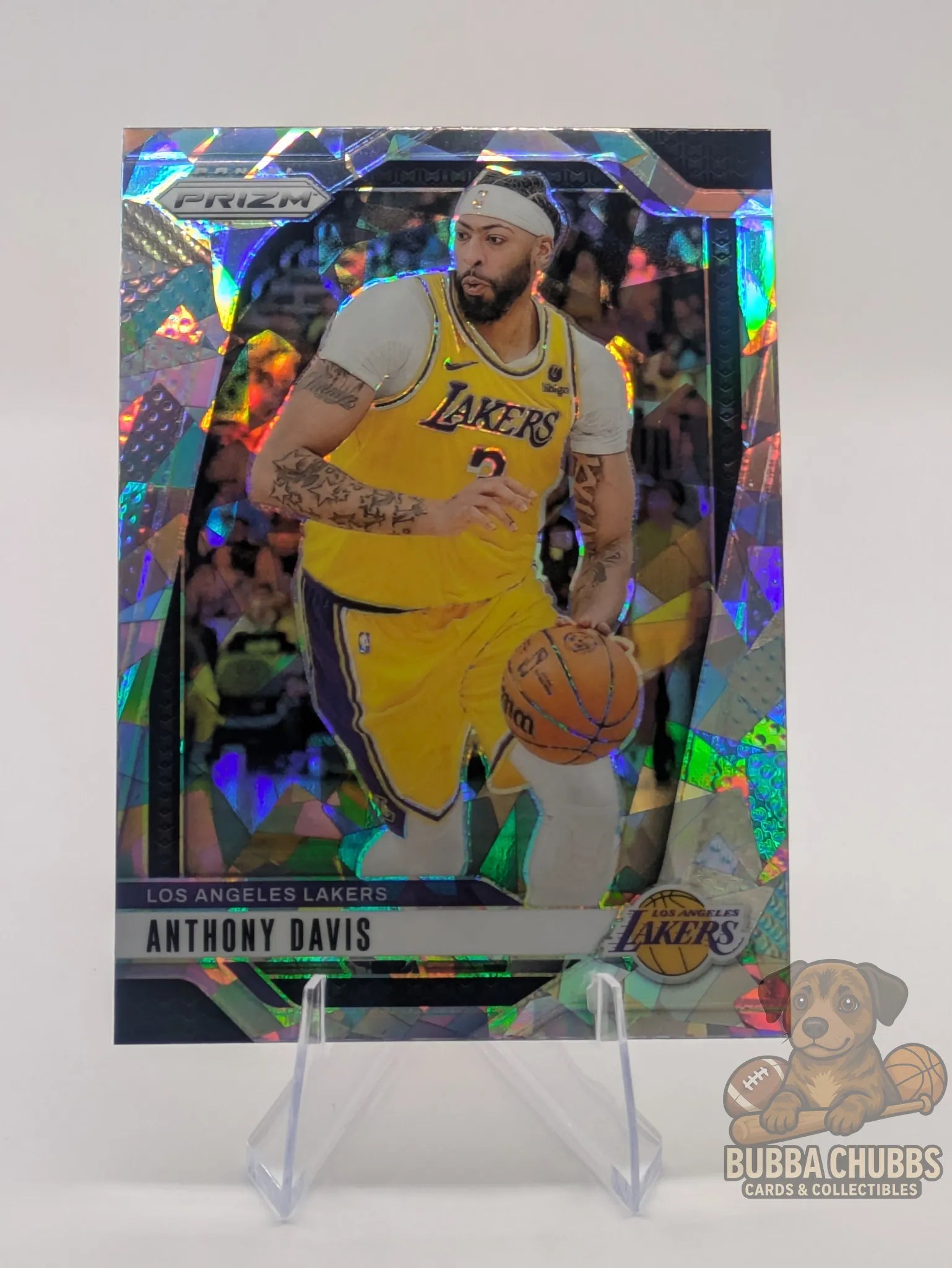 Basketball trading card featuring Anthony Davis of the Los Angeles Lakers Panini Prizm Silver Cracked Ice