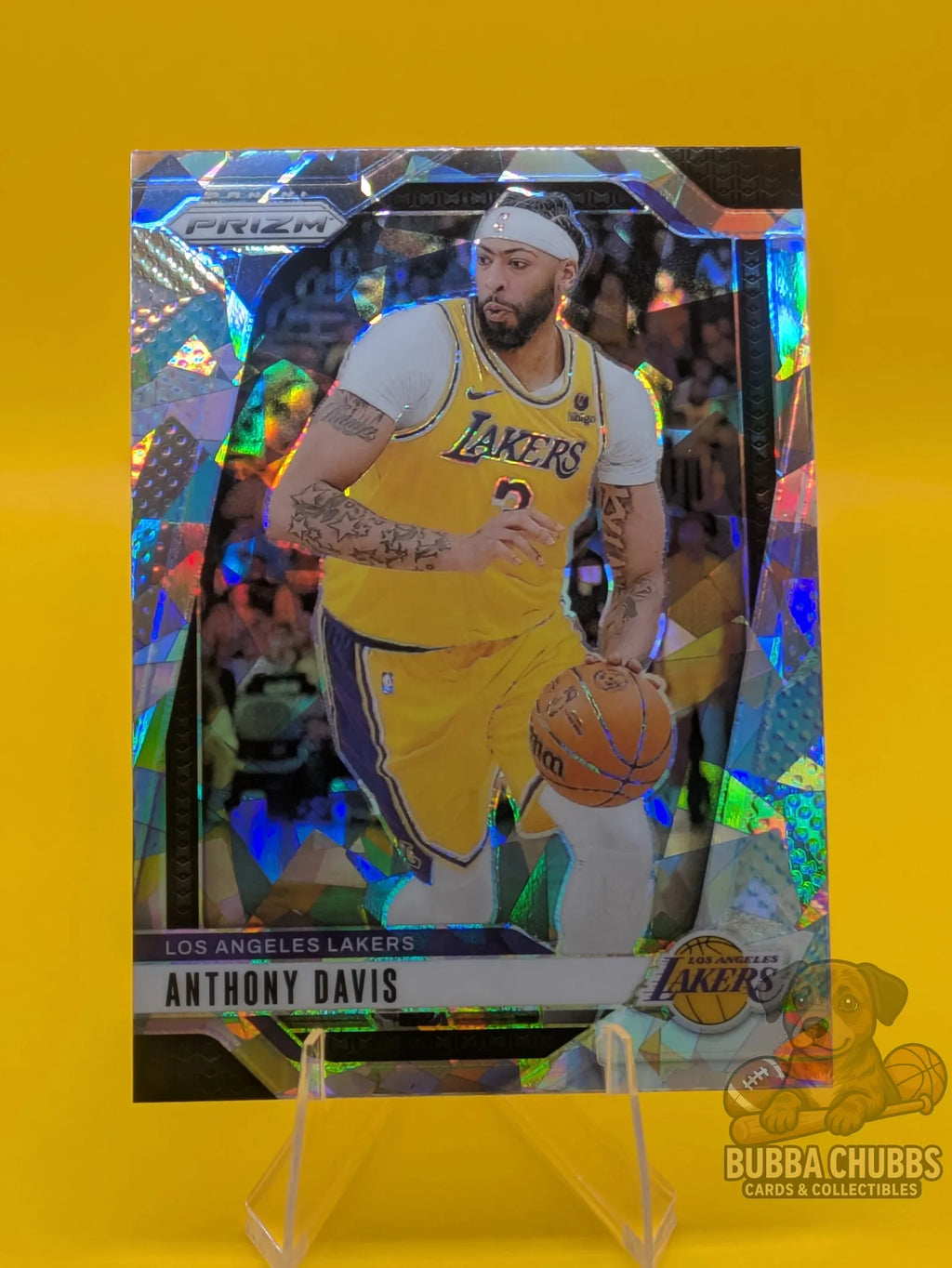 Basketball trading card featuring Anthony Davis of the Los Angeles Lakers Panini Prizm Silver Cracked Ice