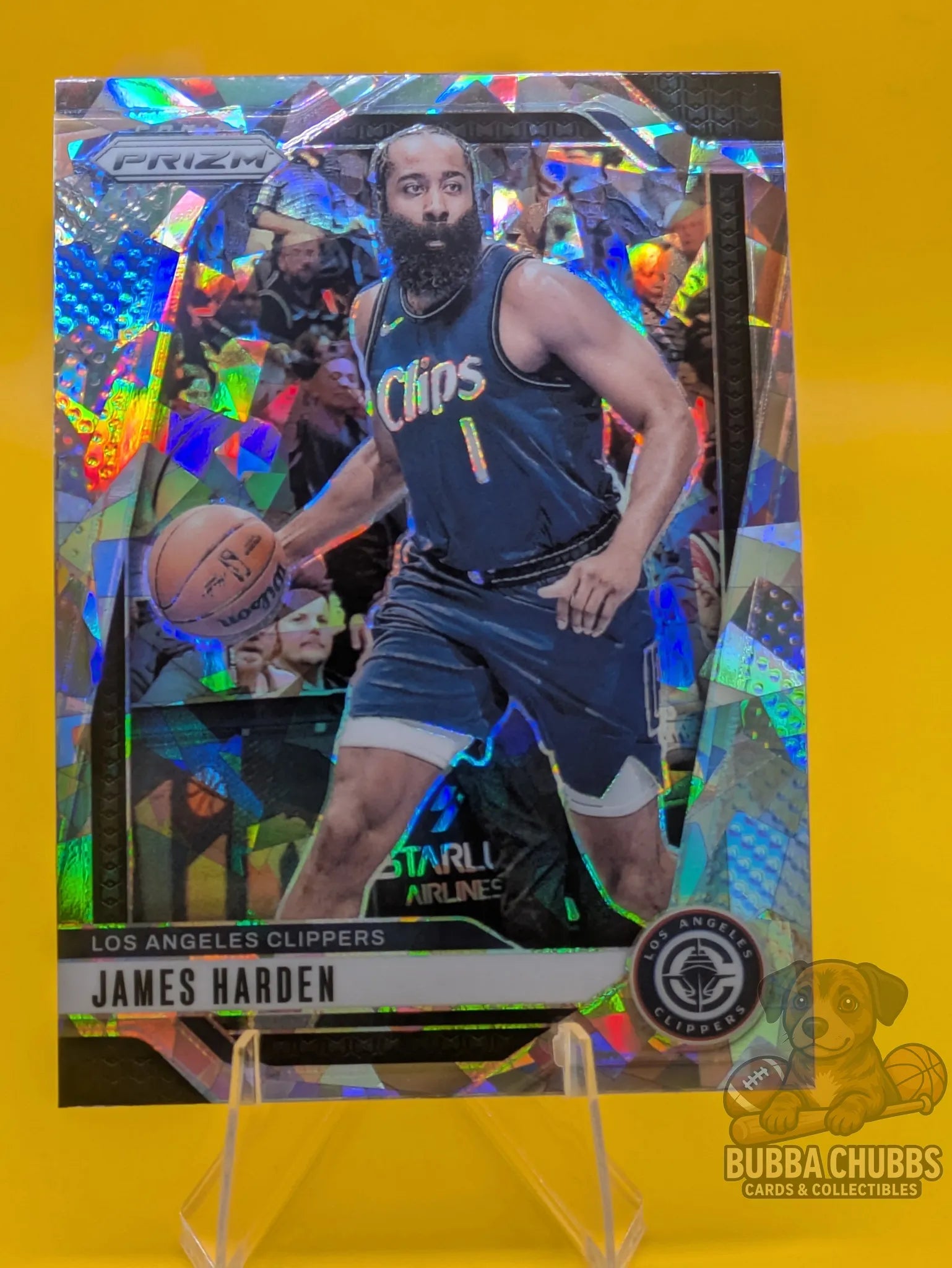 Basketball trading card featuring James Harden of the Los Angeles Clippers Panini Prizm Silver Cracked Ice