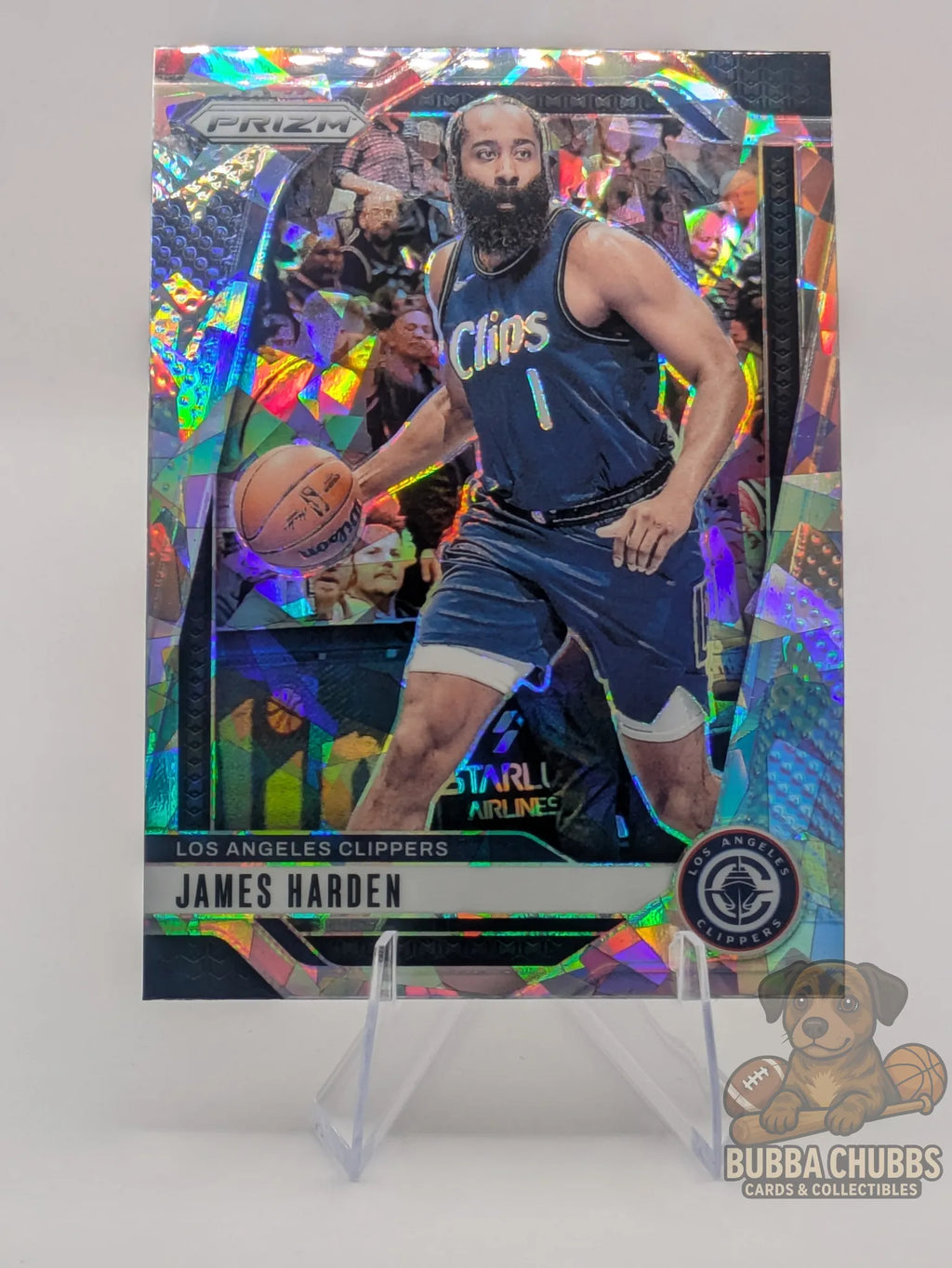 Basketball trading card featuring James Harden of the Los Angeles Clippers Panini Prizm Silver Cracked Ice