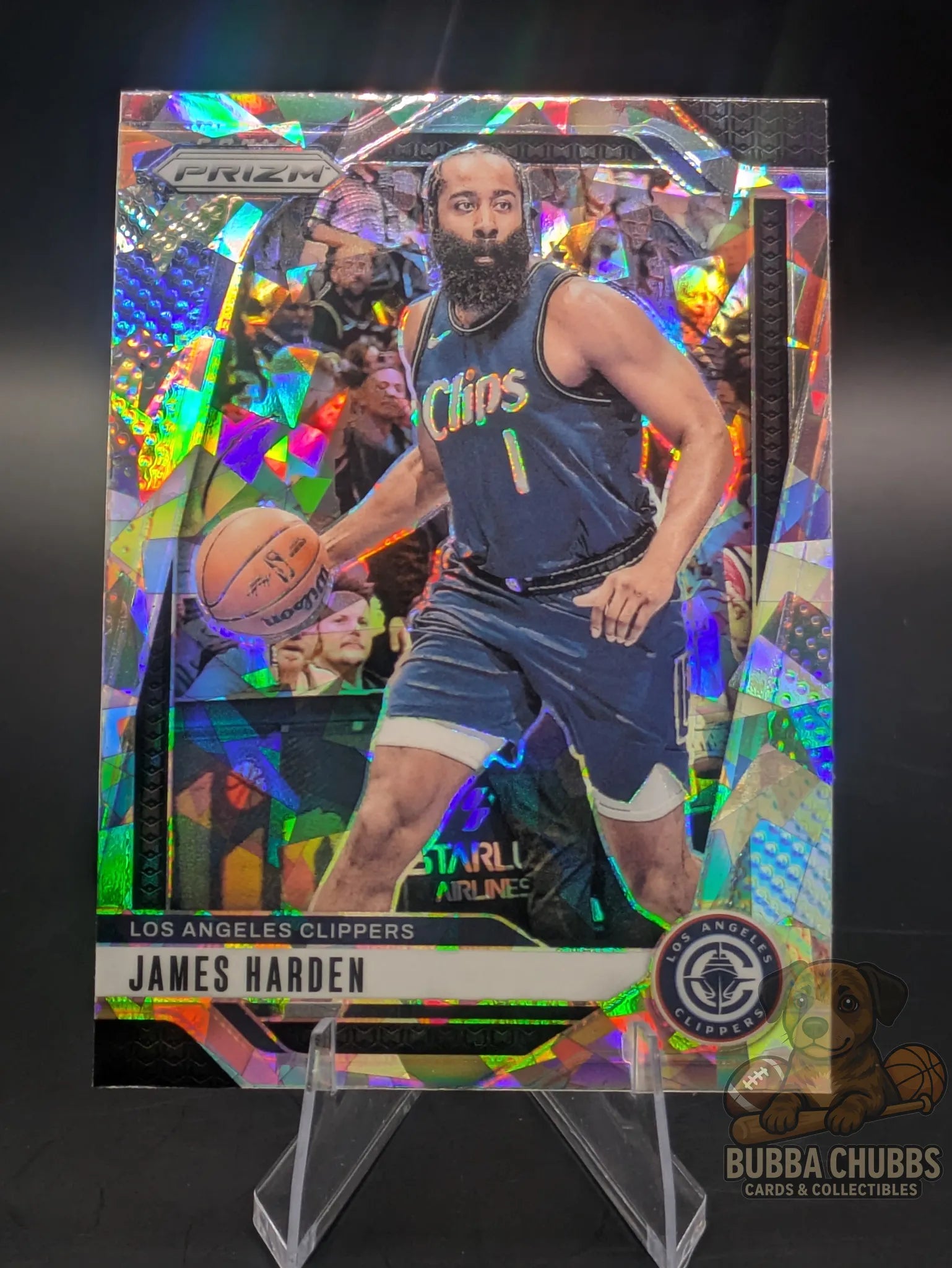 Basketball trading card featuring James Harden of the Los Angeles Clippers Panini Prizm Silver Cracked Ice
