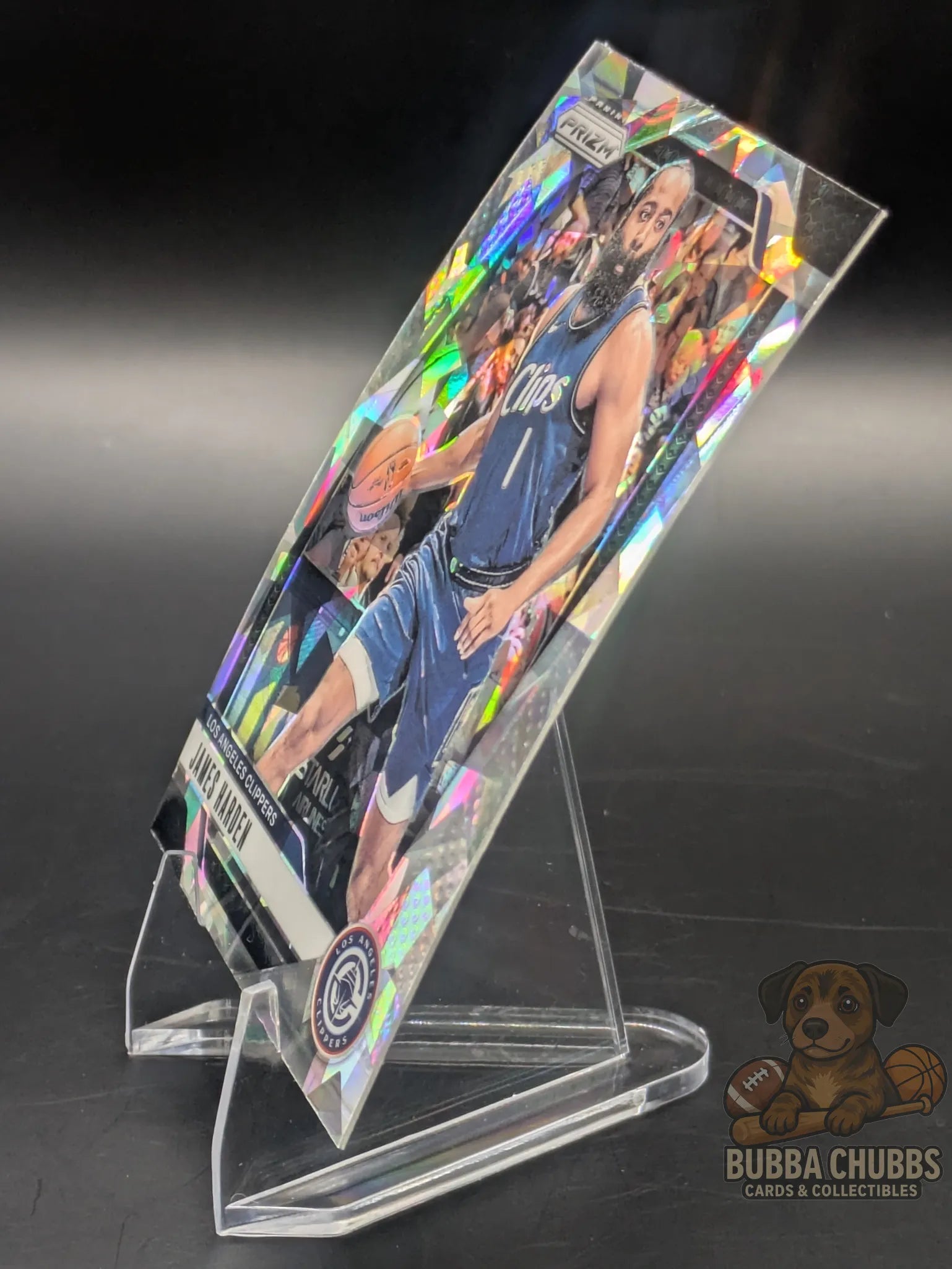 Basketball trading card featuring James Harden of the Los Angeles Clippers Panini Prizm Silver Cracked Ice