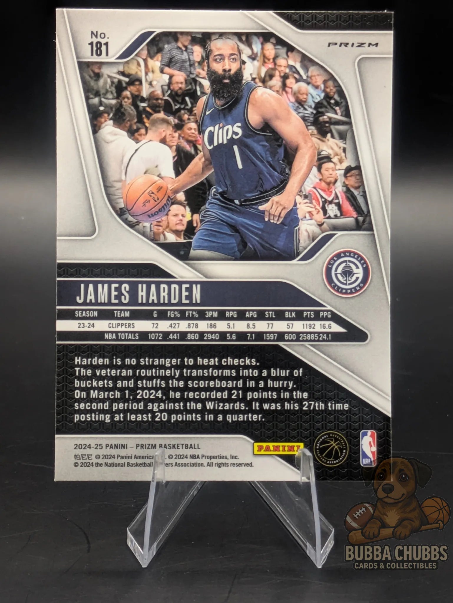 Basketball trading card featuring James Harden of the Los Angeles Clippers Panini Prizm Silver Cracked Ice