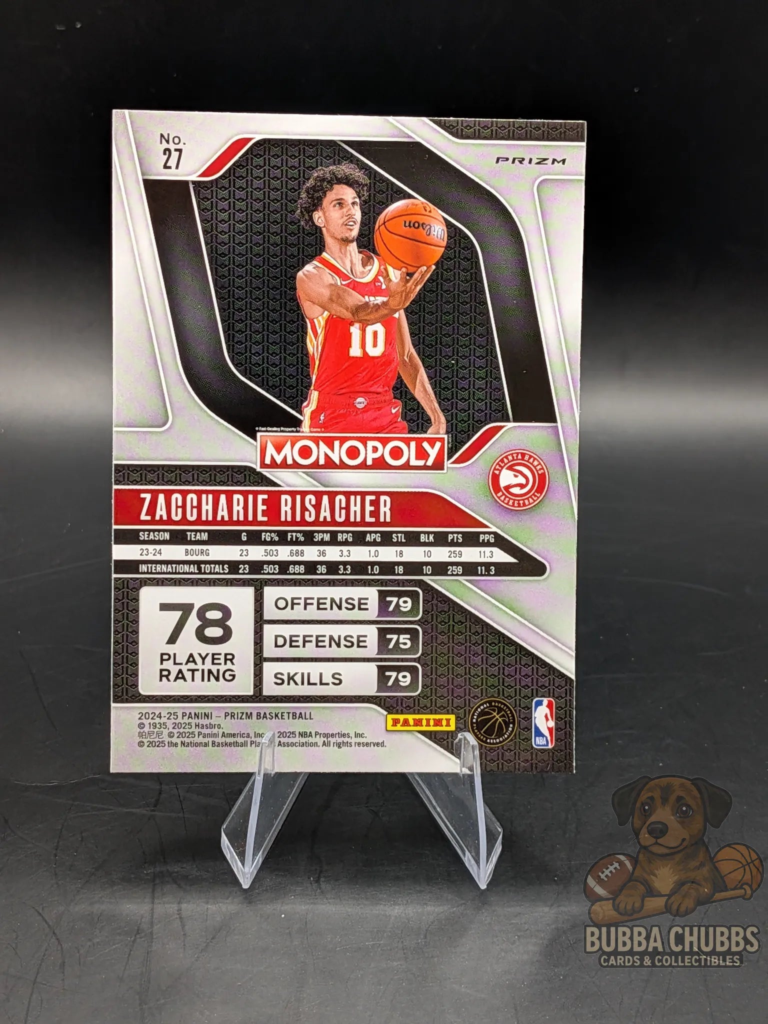 Basketball trading card of rookie zaccharie risacher of the Atlanta hawks panini prizm monopoly red shimmer parallel