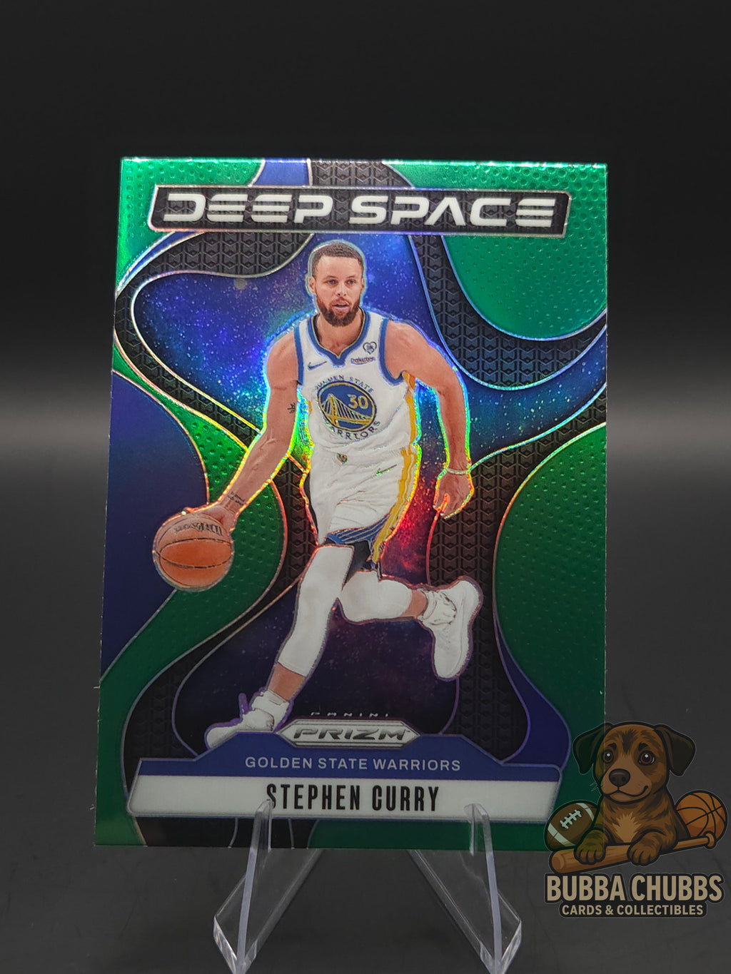 Basketball trading card of Stephen Curry panini prizm deep space insert green parallel