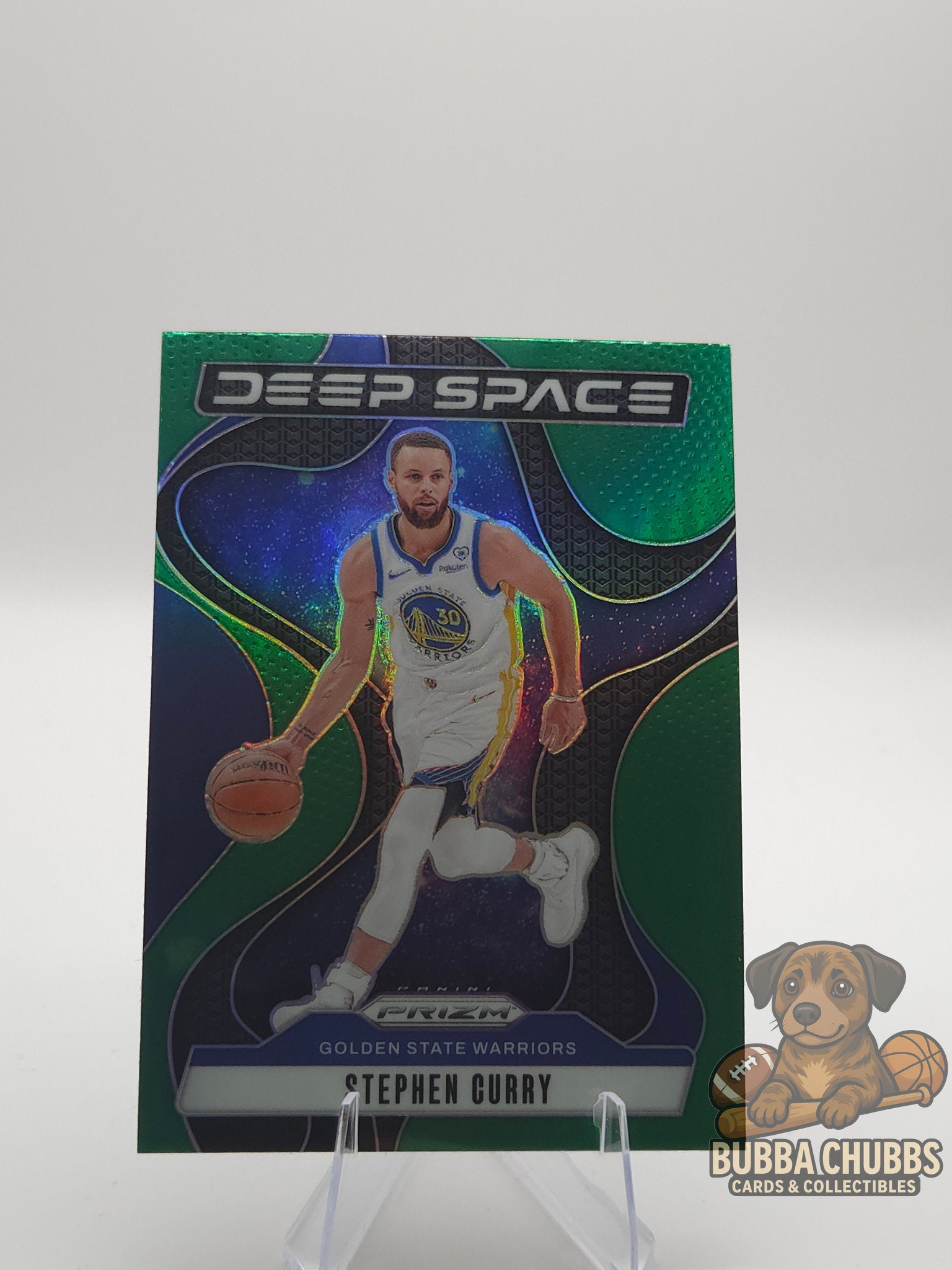 Basketball trading card of Stephen Curry panini prizm deep space insert green parallel