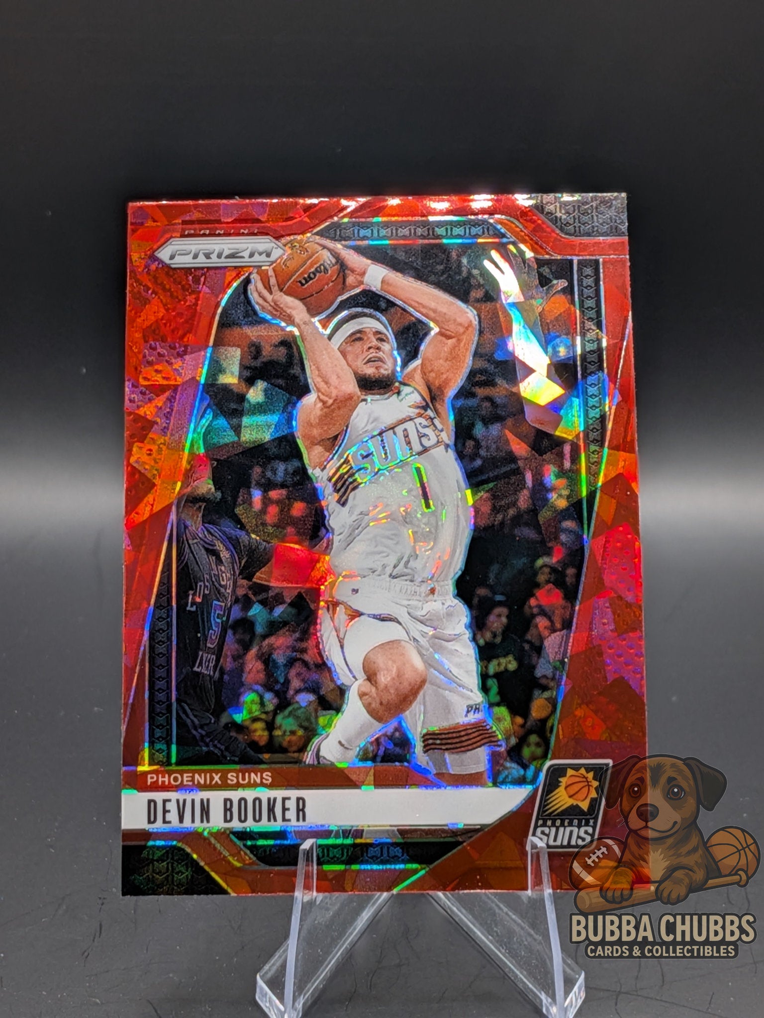 basketball trading card featuring devin booker panini prizm cracked red ice parallel