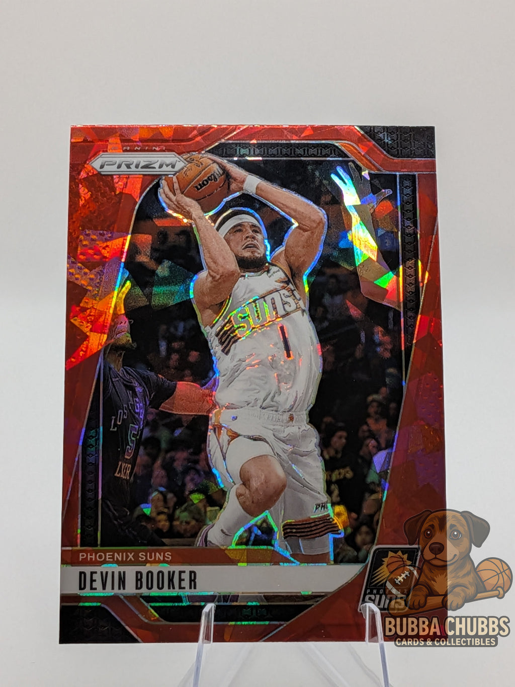 basketball trading card featuring devin booker panini prizm cracked red ice parallel
