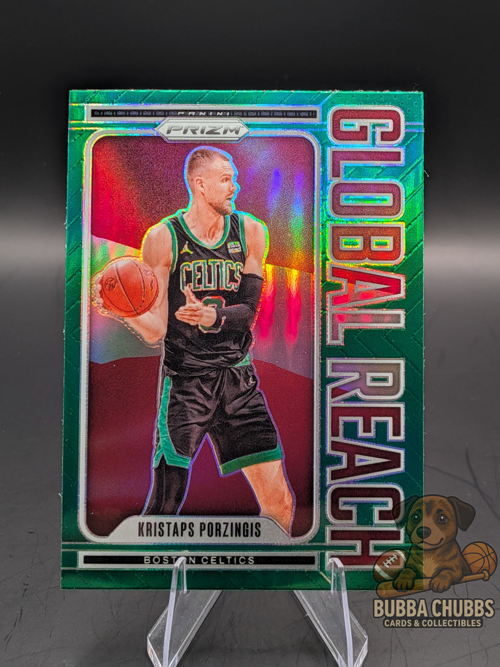basketball trading card featuring Kristaps Porzingis of the Boston Celtics panini prizm global reach insert green parallel