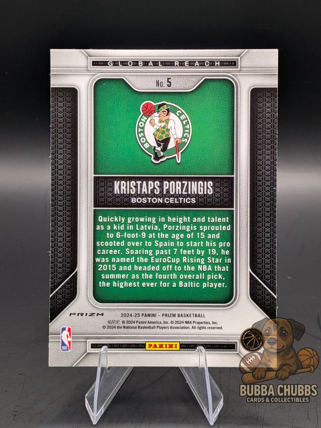 basketball trading card featuring Kristaps Porzingis of the Boston Celtics panini prizm global reach insert green parallel