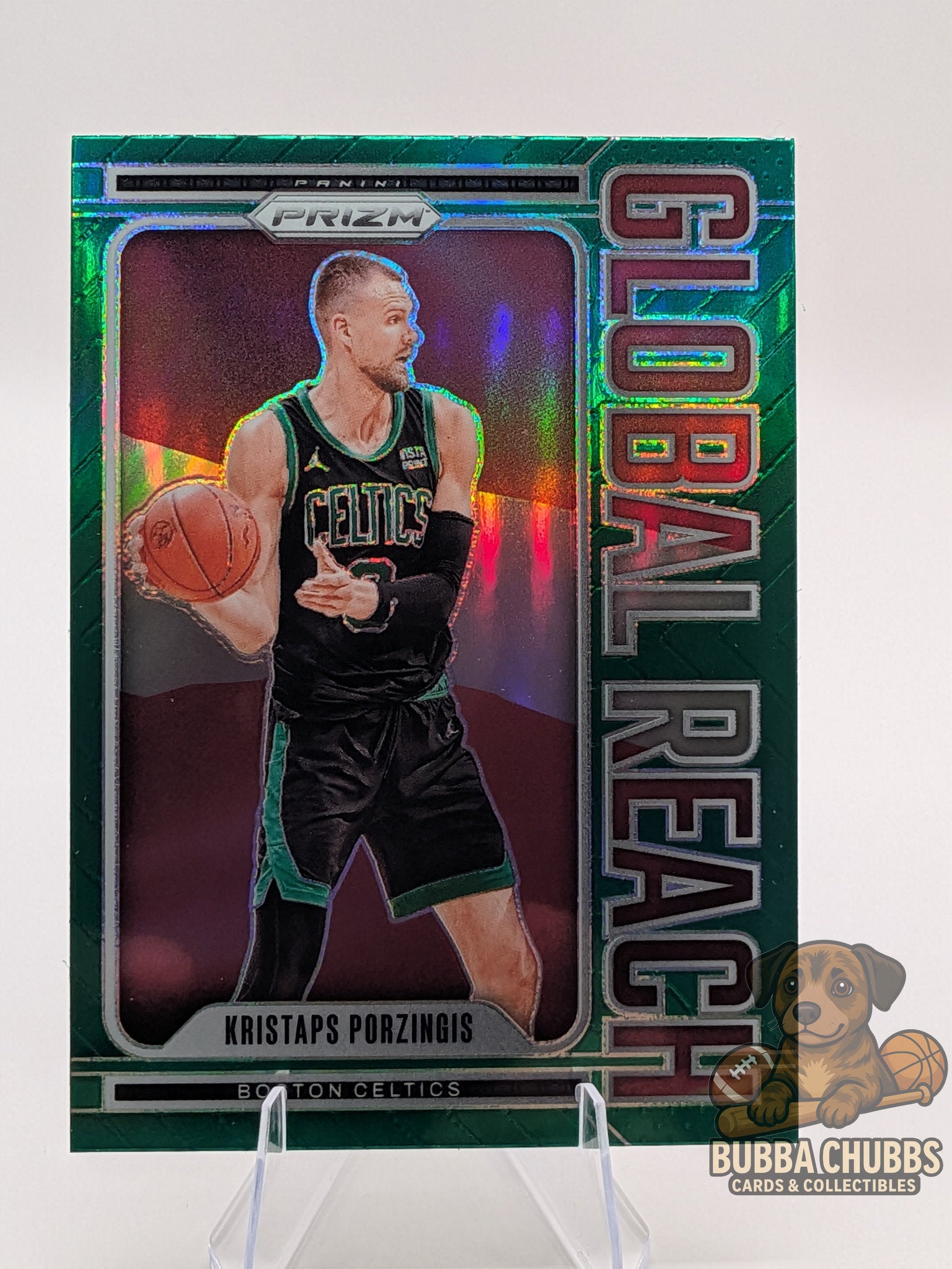 basketball trading card featuring Kristaps Porzingis of the Boston Celtics panini prizm global reach insert green parallel