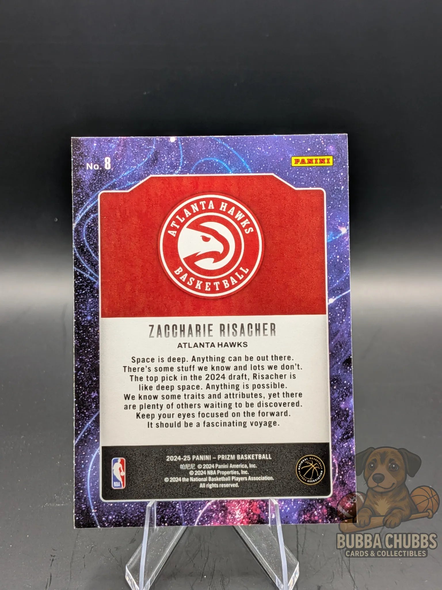 Basketball trading card featuring Zaccharie Risacher of the Atlanta Hawks Panini Prizm Deep Space Insert