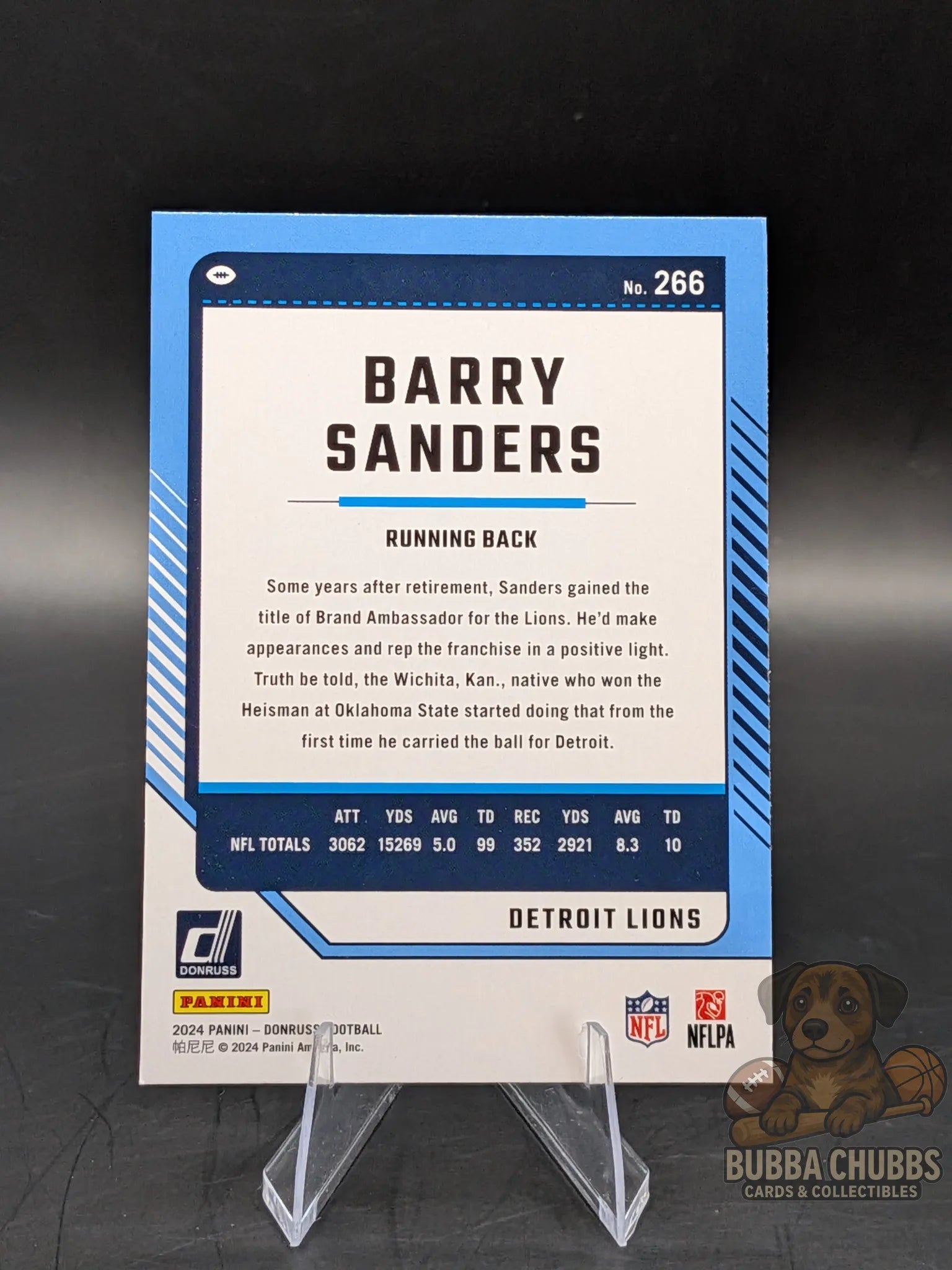 Football trading card of Hall of Famer Barry Sanders of the Detroit Lions donruss panini