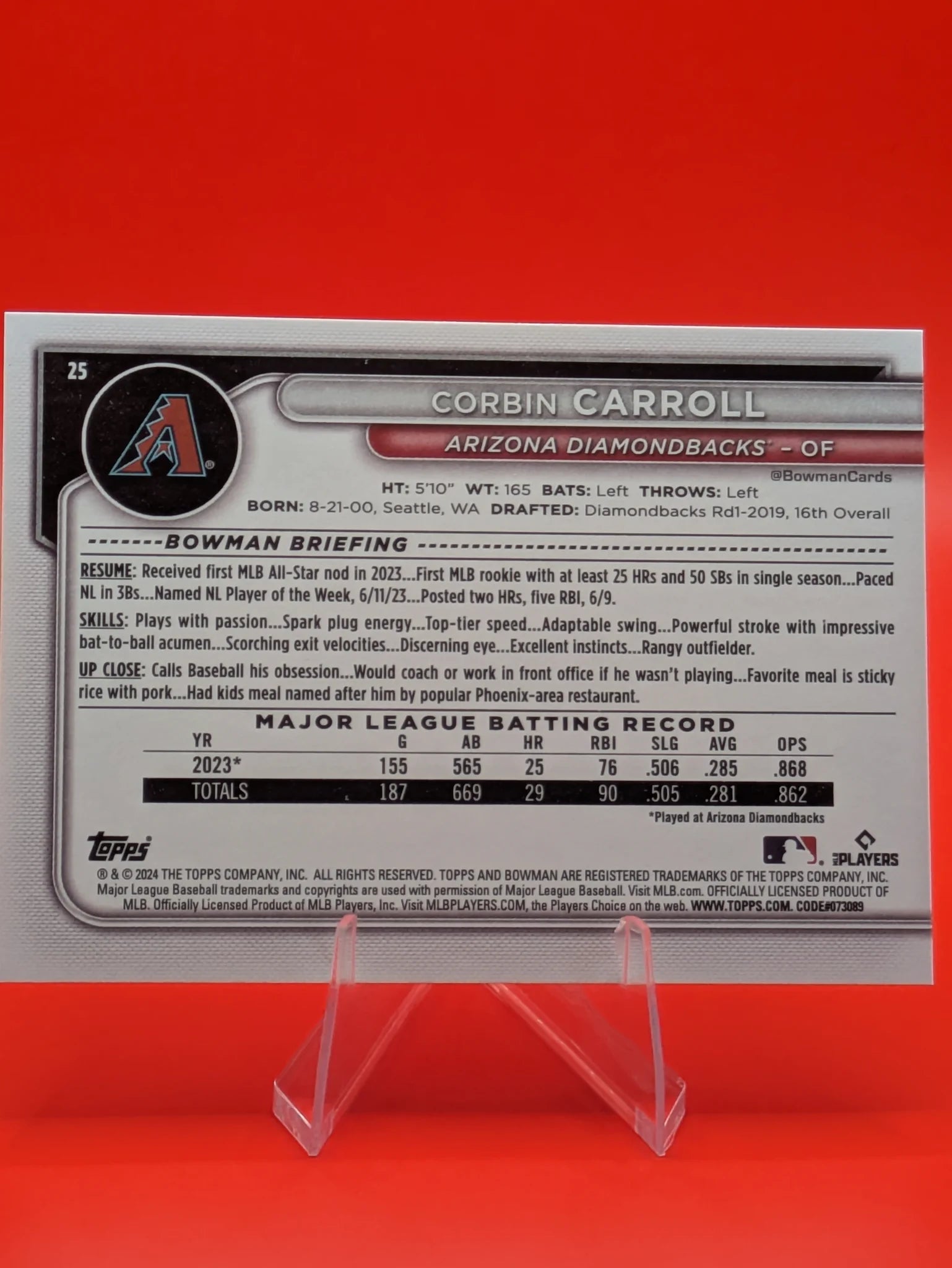 Baseball trading card of Corbin Carroll Arizona Diamondbacks Bowman Base