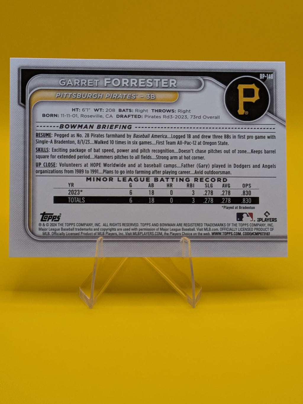 Baseball trading card of Garret Forrester Pittsburg Pirates Bowman Base Prospect Rookie