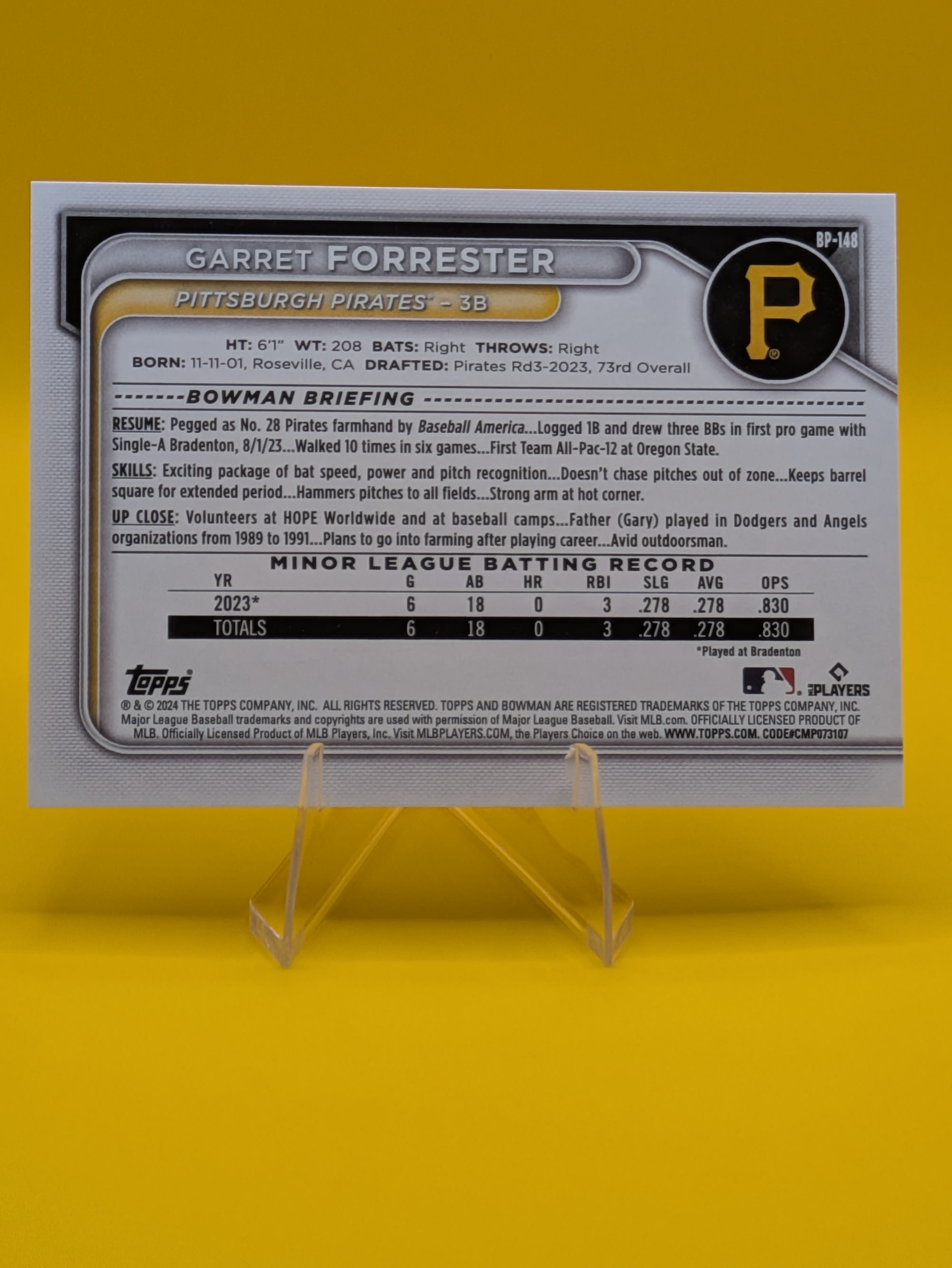 Baseball trading card of Garret Forrester Pittsburg Pirates Bowman Base Prospect Rookie