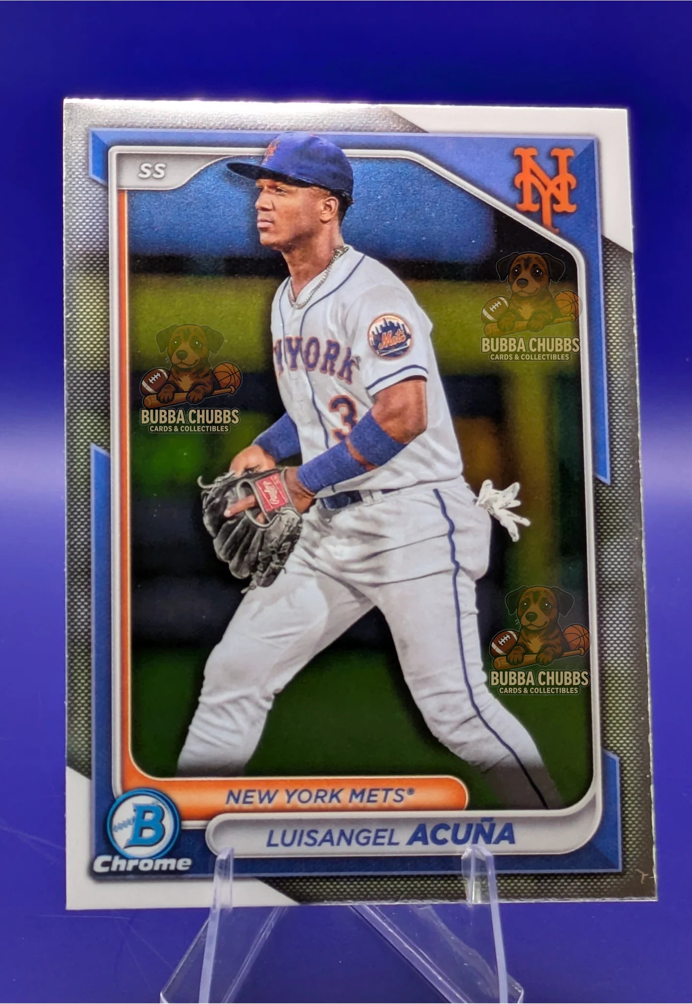Baseball trading card of Luisangel Acuna in a New York Mets uniform Bowman Chrome Prospect