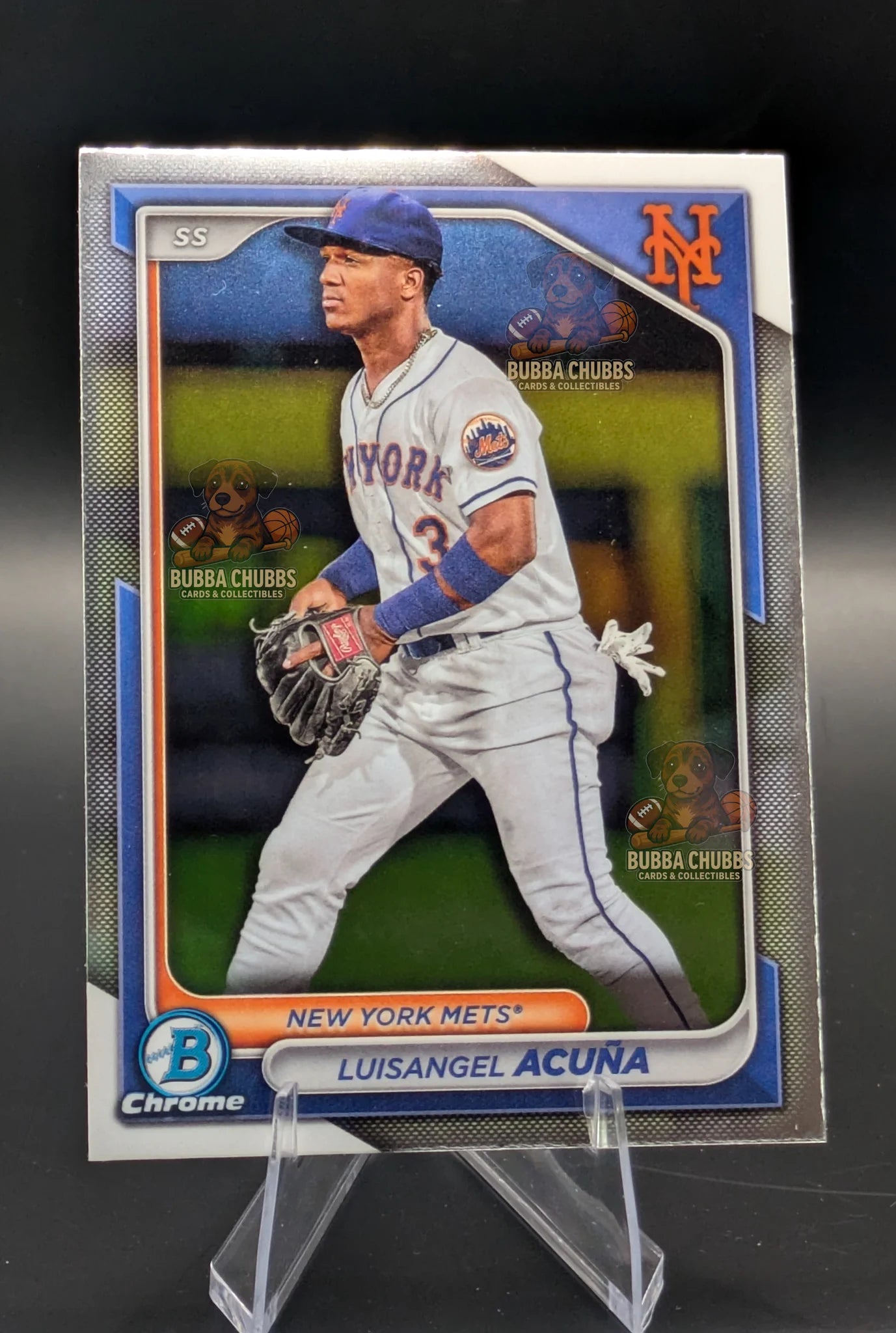 Baseball trading card of Luisangel Acuna in a New York Mets uniform Bowman Chrome Prospect