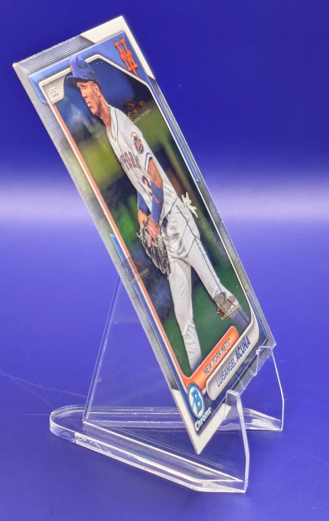 Baseball trading card of Luisangel Acuna in a New York Mets uniform Bowman Chrome Prospect