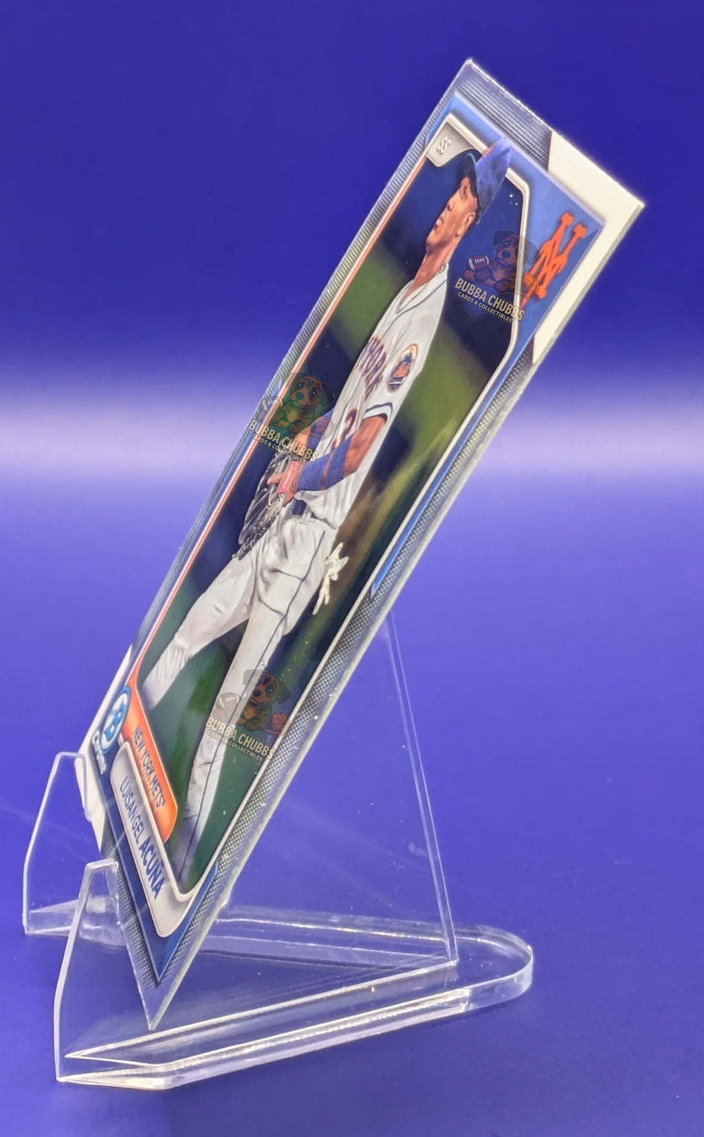 Baseball trading card of Reggie Jackson in a New York Yankees uniform Topps Chrome Ultra-Violet All-Star
Baseball trading card of Luisangel Acuna in a New York Mets uniform Bowman Chrome Prospect