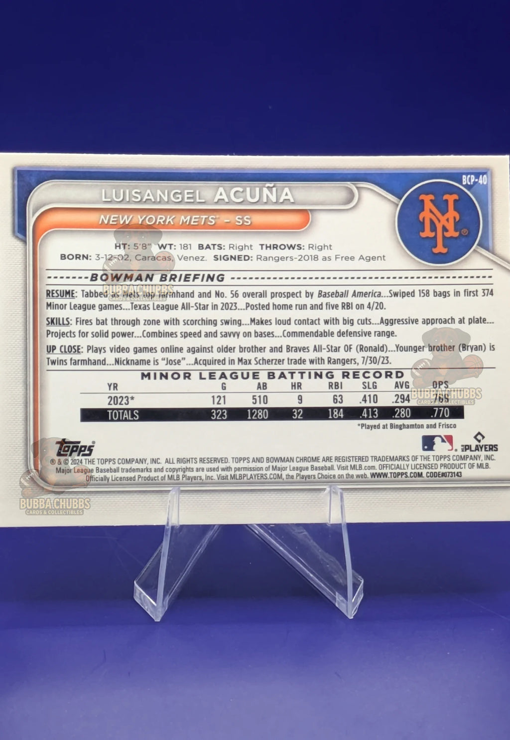 Baseball trading card of Luisangel Acuna in a New York Mets uniform Bowman Chrome Prospect