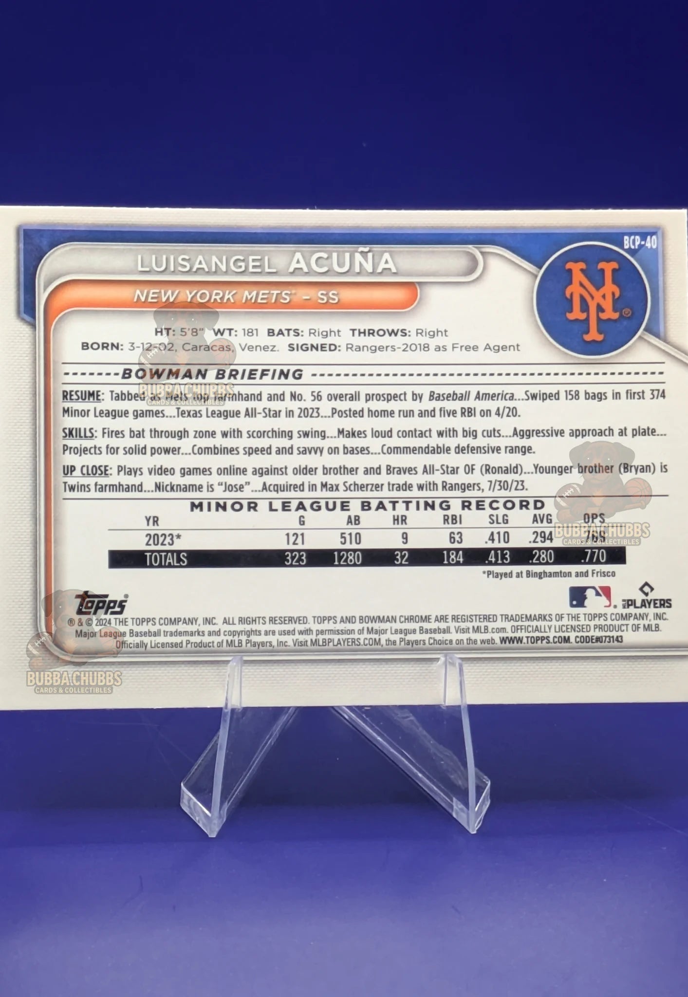 Baseball trading card of Luisangel Acuna in a New York Mets uniform Bowman Chrome Prospect