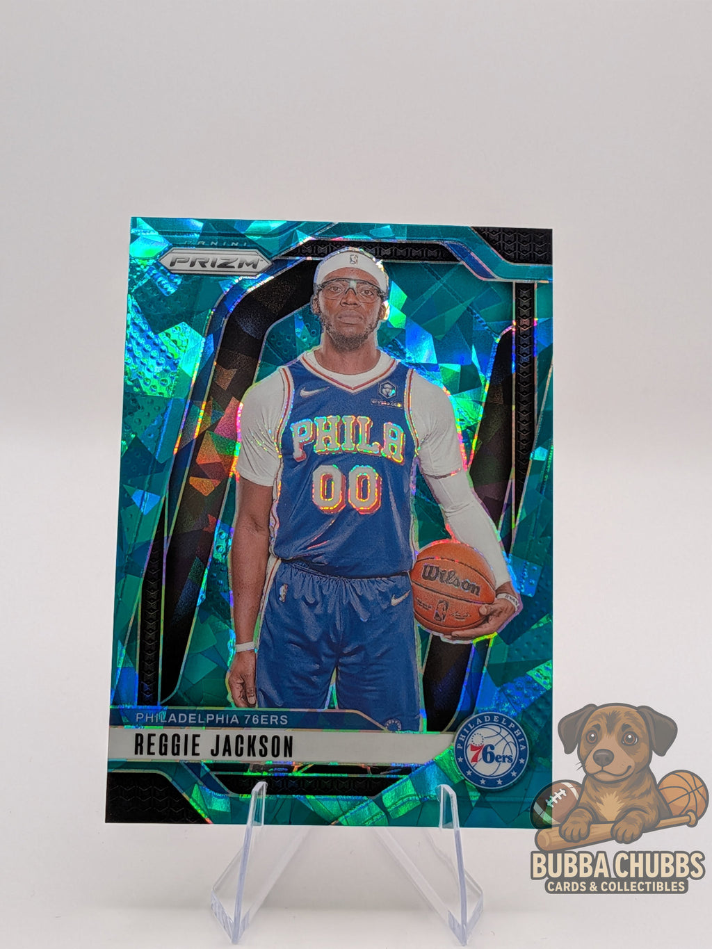 basketball trading card featuring reggie jackson panini prizm cracked ice teal parallel refractor