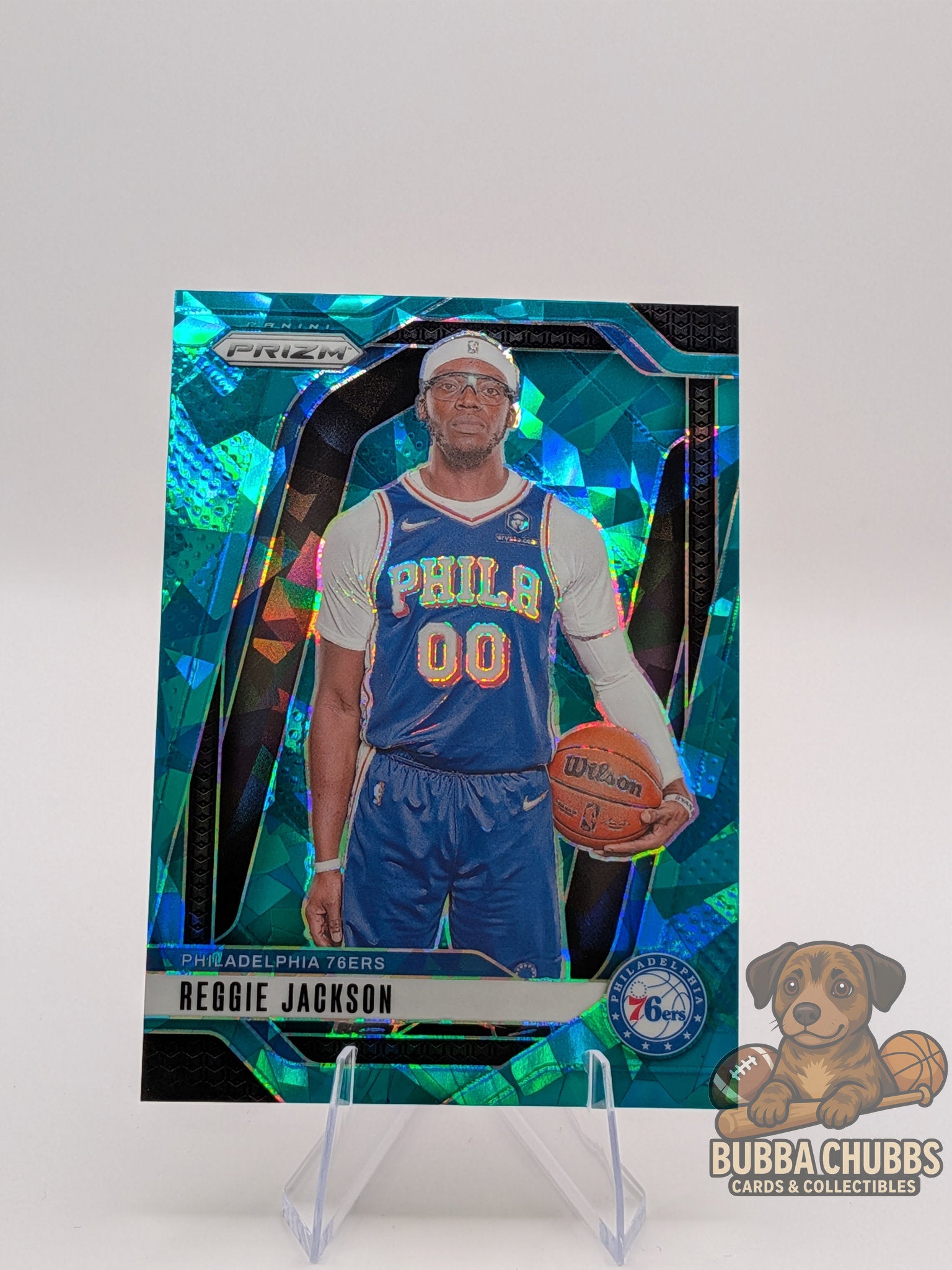 basketball trading card featuring reggie jackson panini prizm cracked ice teal parallel refractor