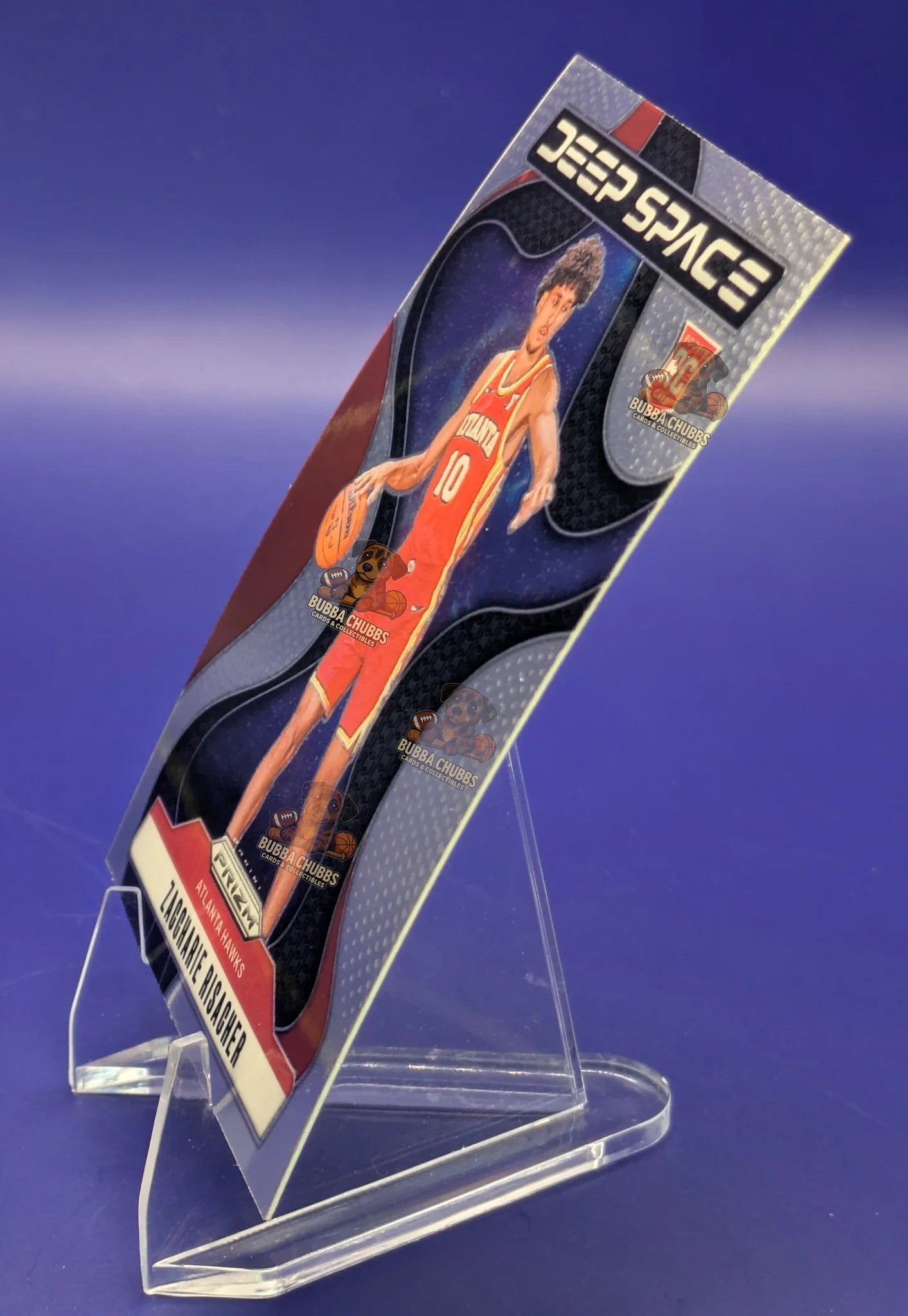 Basketball trading card of Zaccharie Risacher in an Atlanta Hawks jersey with 'Deep Space' branding.