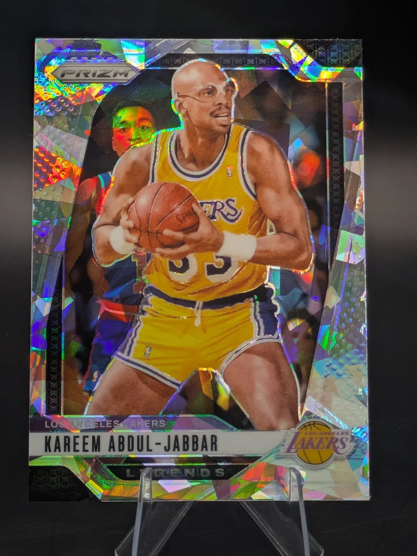 Basketball trading card of Kareem Abdul-Jabbar in a Los Angeles Lakers uniform Prizm Panini Legends