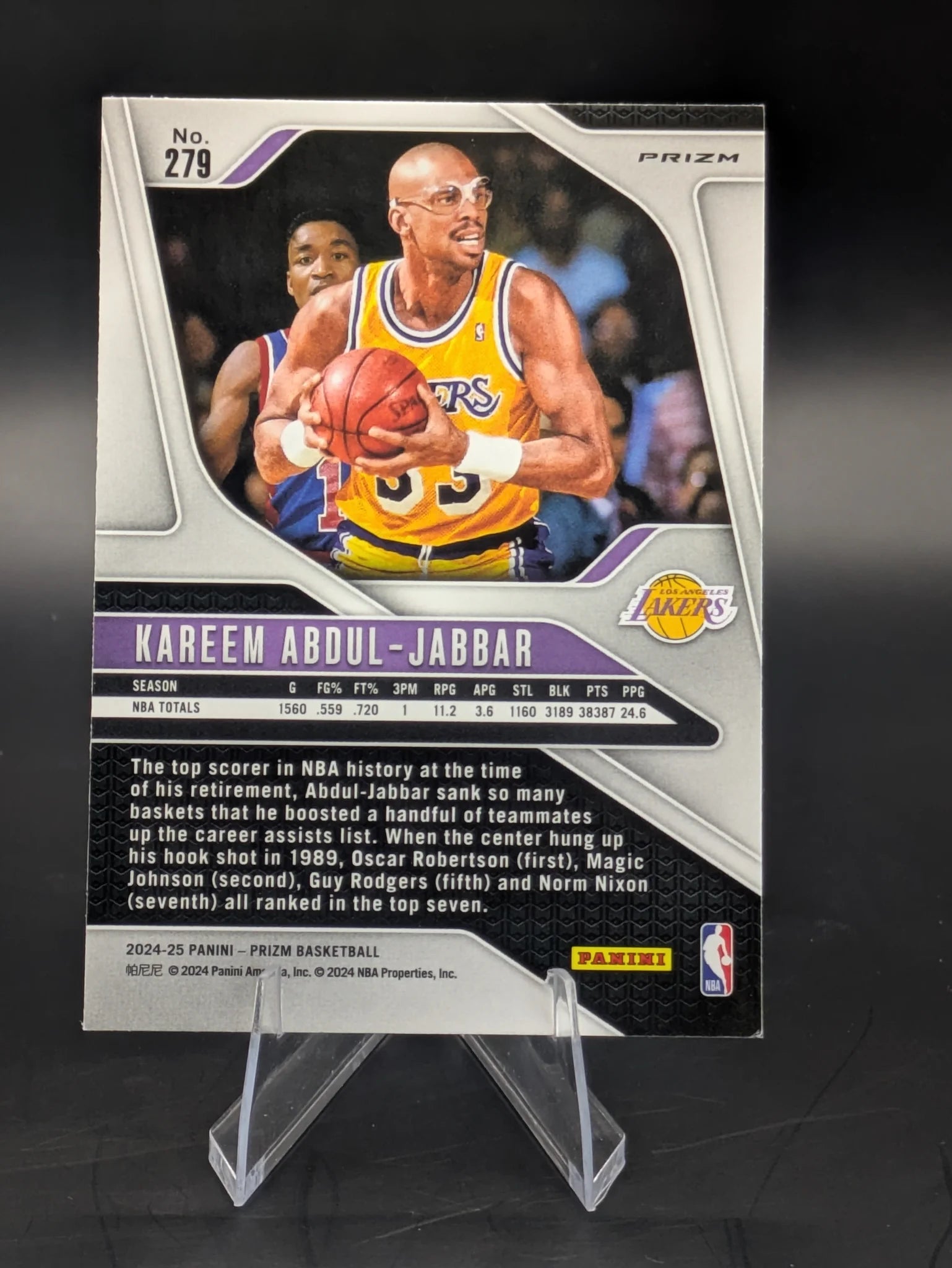 Basketball trading card of Kareem Abdul-Jabbar in a Los Angeles Lakers uniform Prizm Panini Legends