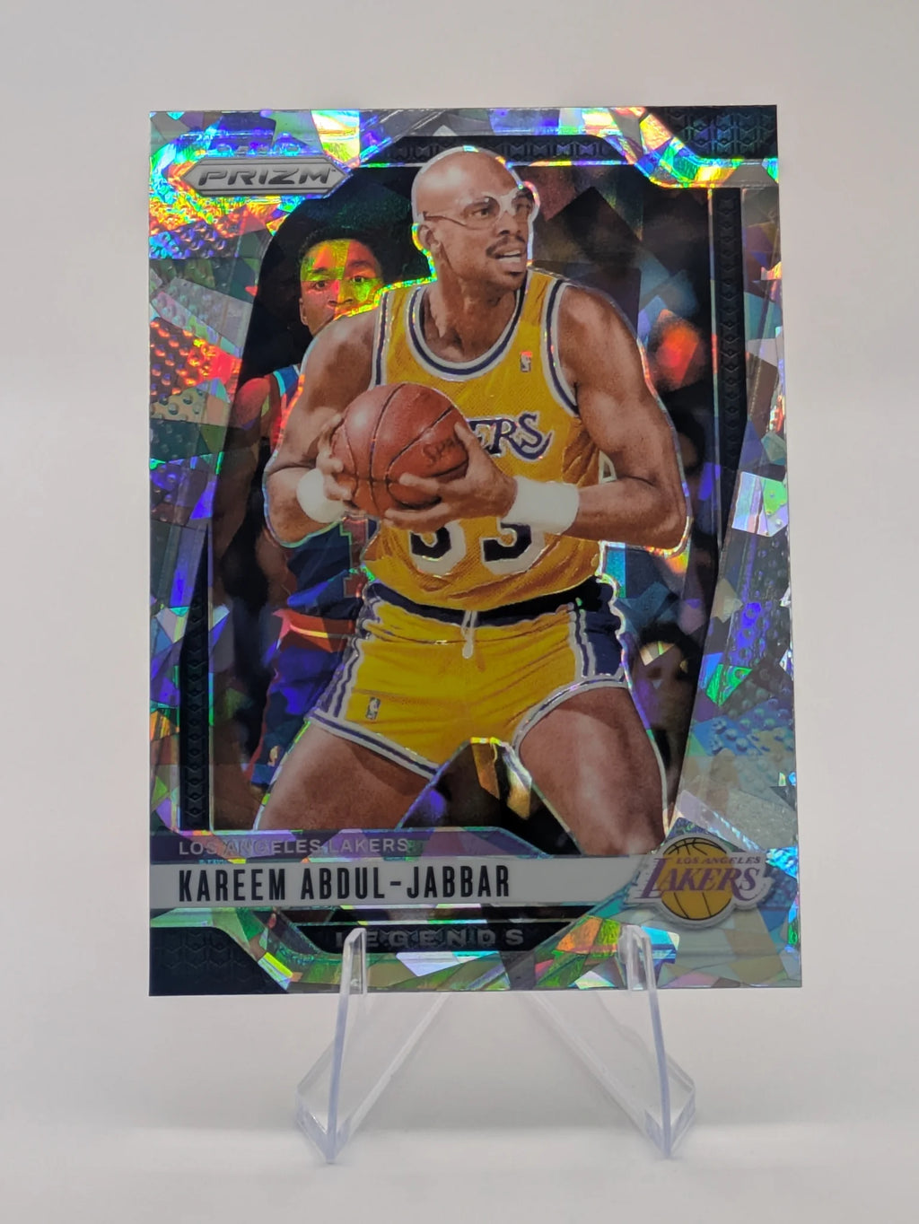Basketball trading card of Kareem Abdul-Jabbar in a Los Angeles Lakers uniform Prizm Panini Legends