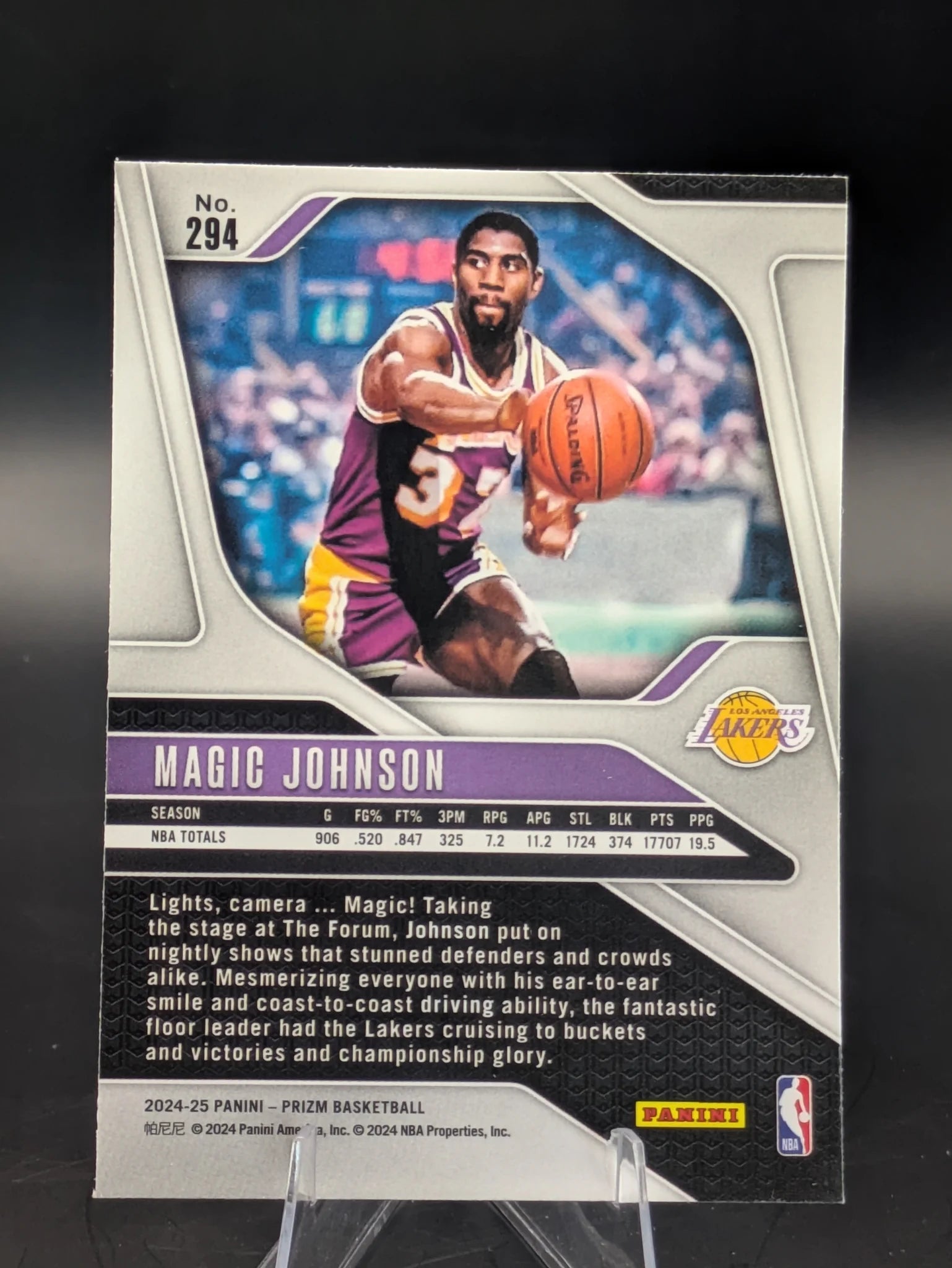 Basketball trading card of Magic Johnson in a Los Angeles Lakers uniform Prizm Panini Legends
