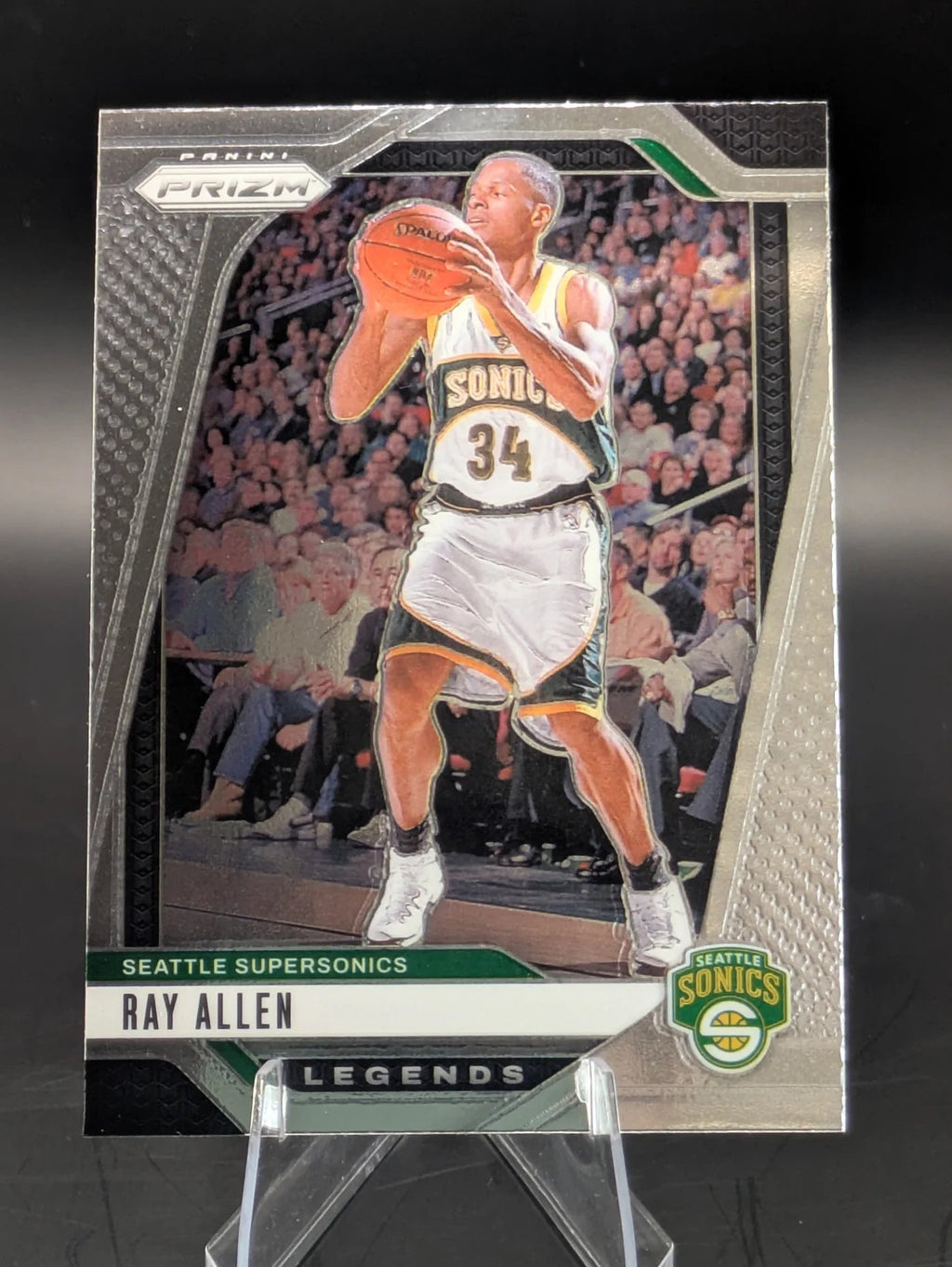 Basketball trading card of Ray Allen in a Seattle Supersonics uniform Prizm Panini Legends