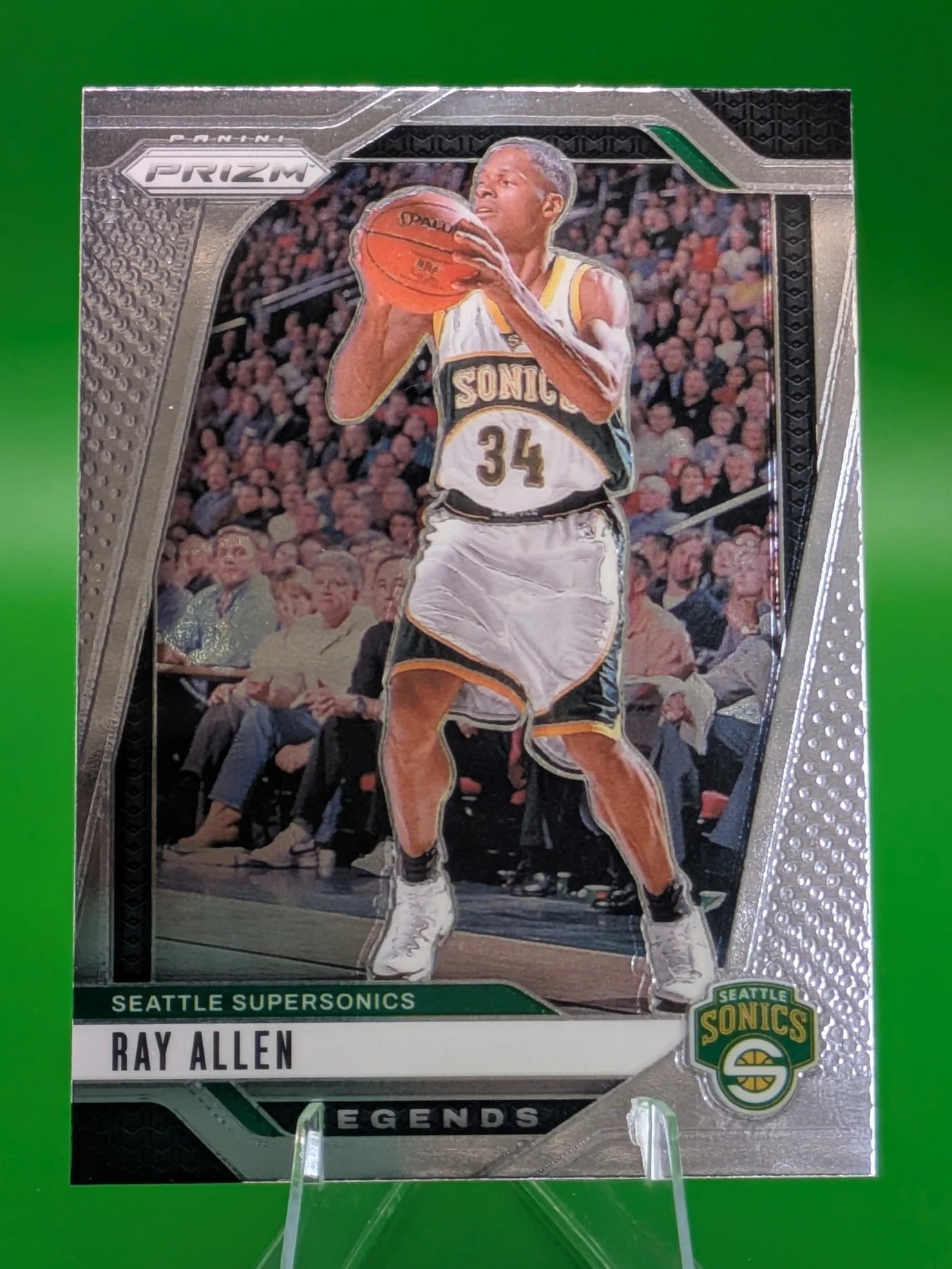 Basketball trading card of Ray Allen in a Seattle Supersonics uniform Prizm Panini Legends