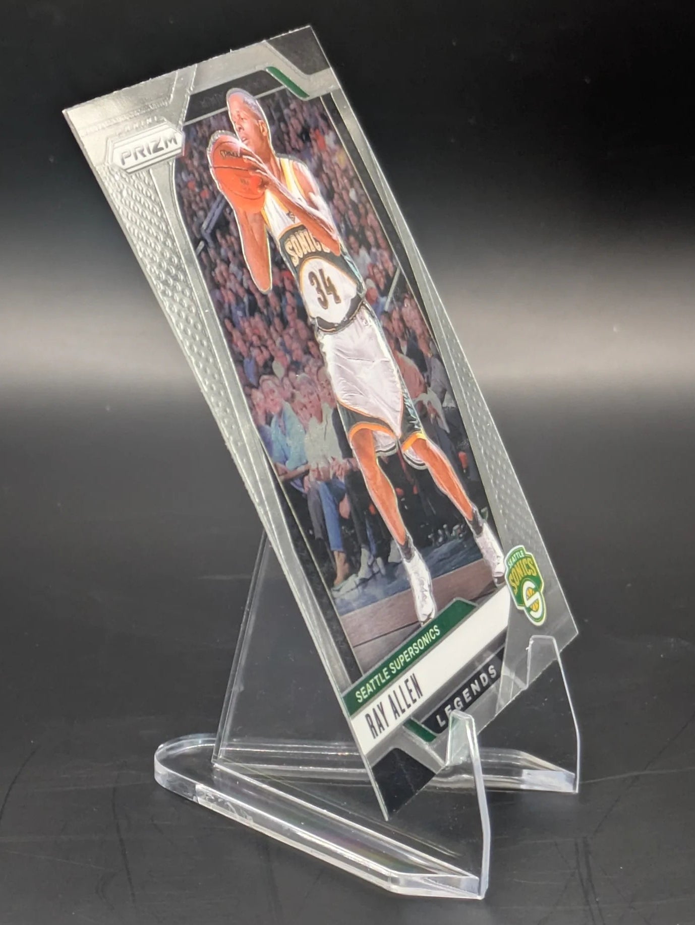 Basketball trading card of Ray Allen in a Seattle Supersonics uniform Prizm Panini Legends