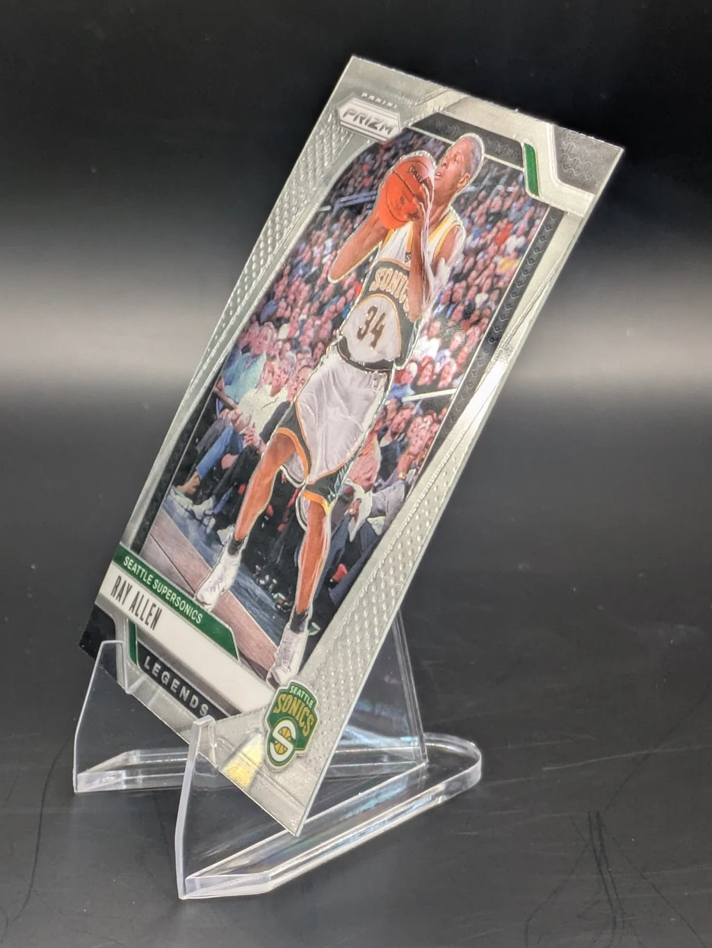 Basketball trading card of Ray Allen in a Seattle Supersonics uniform Prizm Panini Legends