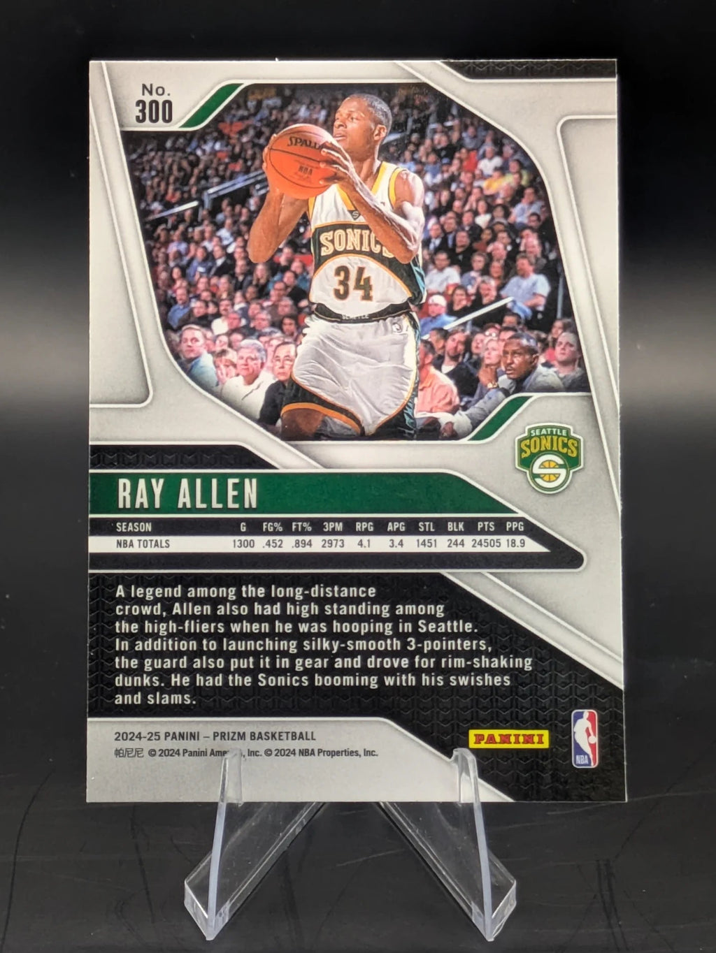 Basketball trading card of Ray Allen in a Seattle Supersonics uniform Prizm Panini Legends