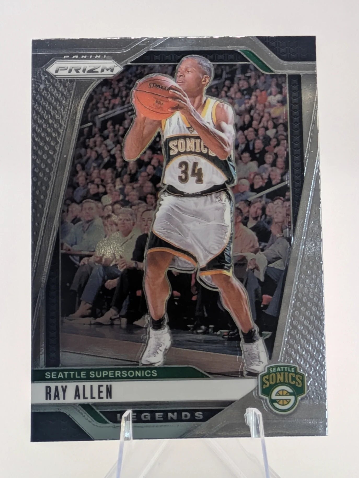 Basketball trading card of Ray Allen in a Seattle Supersonics uniform Prizm Panini Legends