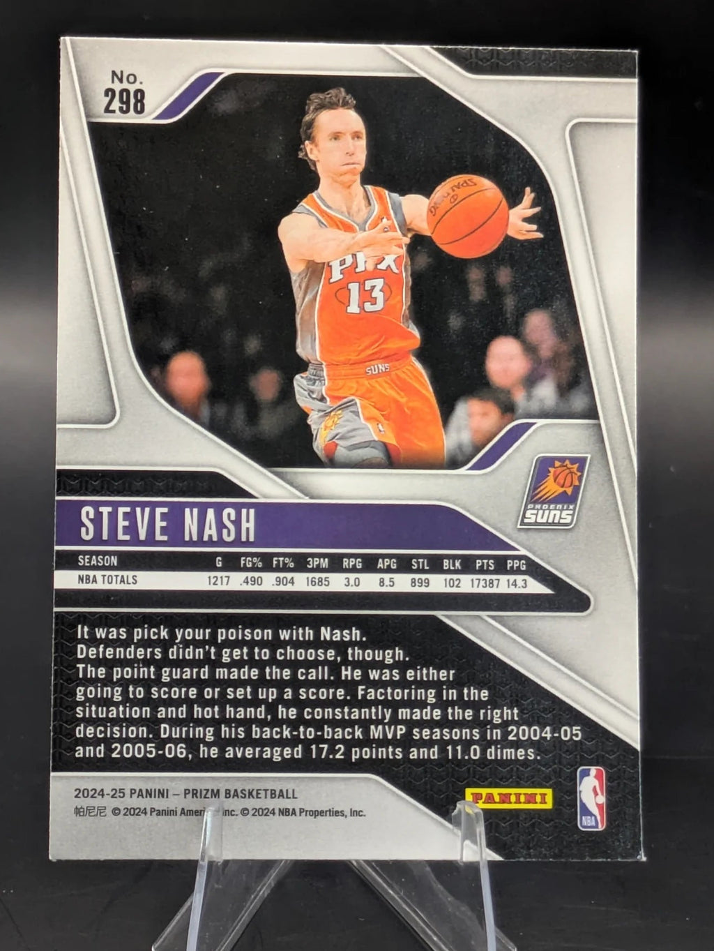 Basketball trading card of Steve Nash in a Phoenix Suns uniform Prizm Panini Legends