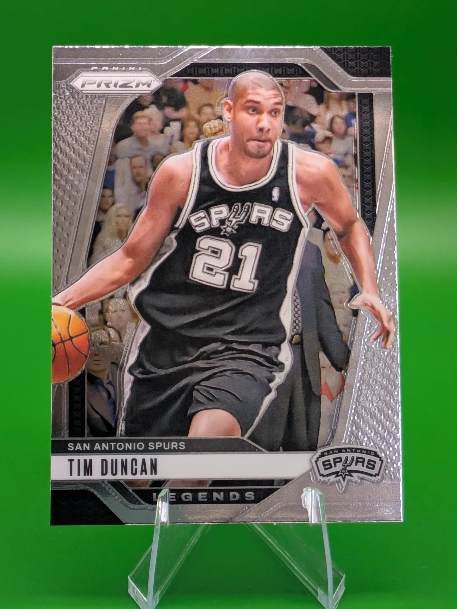 Basketball trading card of Tim Duncan in a San Antonio Spurs uniform Prizm Panini Legends