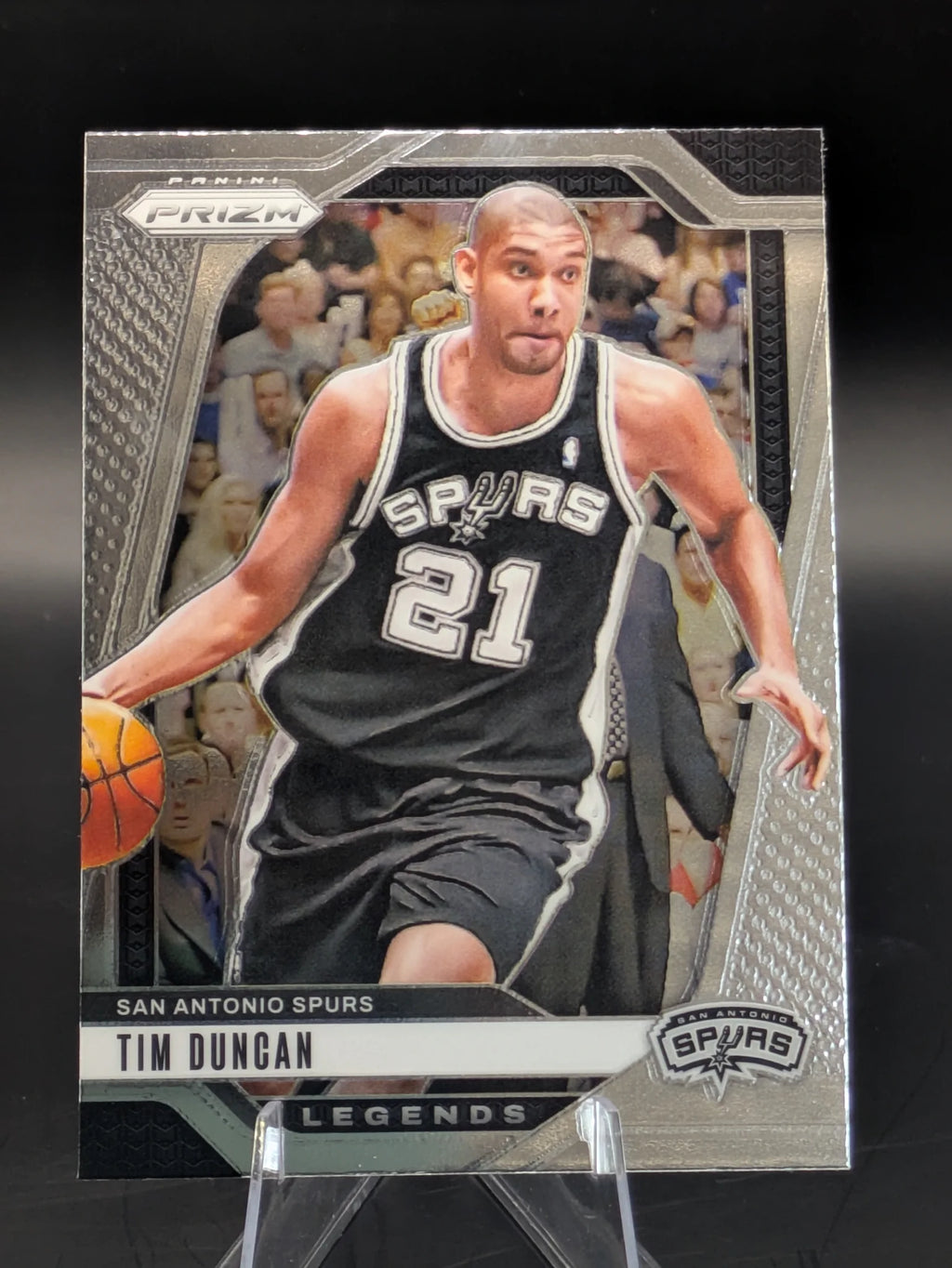 Basketball trading card of Tim Duncan in a San Antonio Spurs uniform Prizm Panini Legends