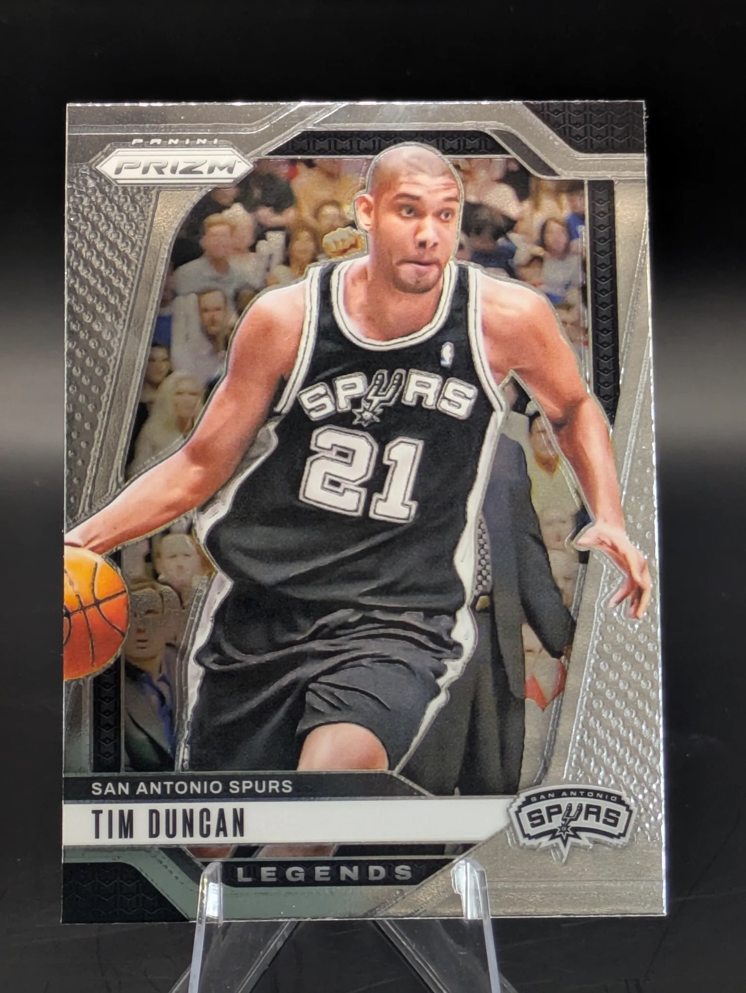 Basketball trading card of Tim Duncan in a San Antonio Spurs uniform Prizm Panini Legends