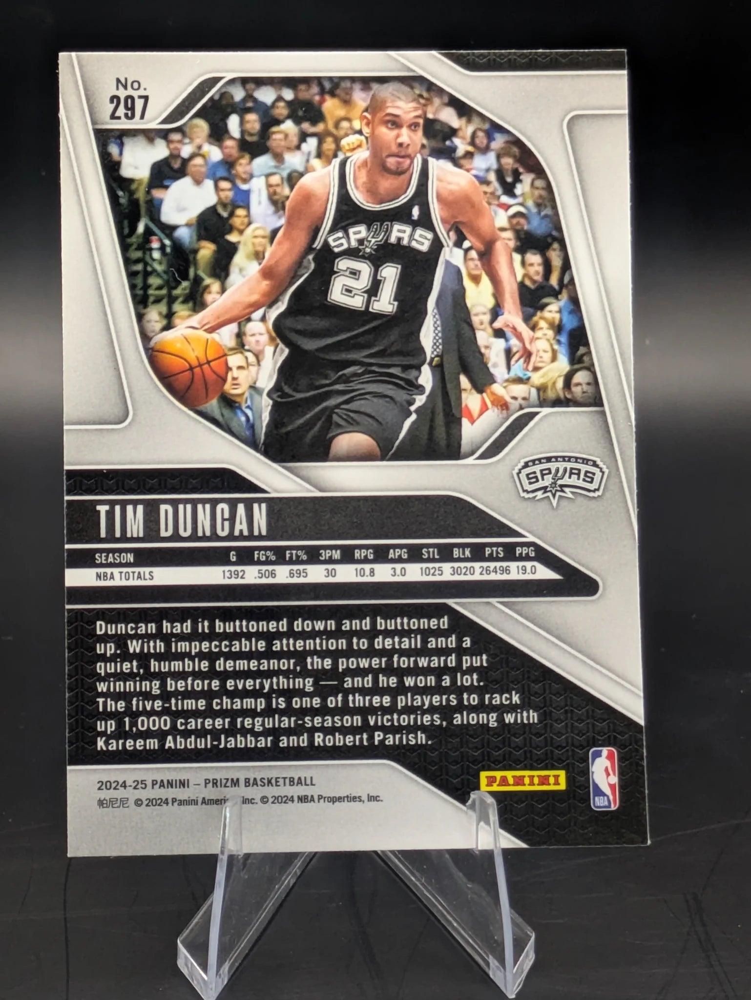 Basketball trading card of Tim Duncan in a San Antonio Spurs uniform Prizm Panini Legends
