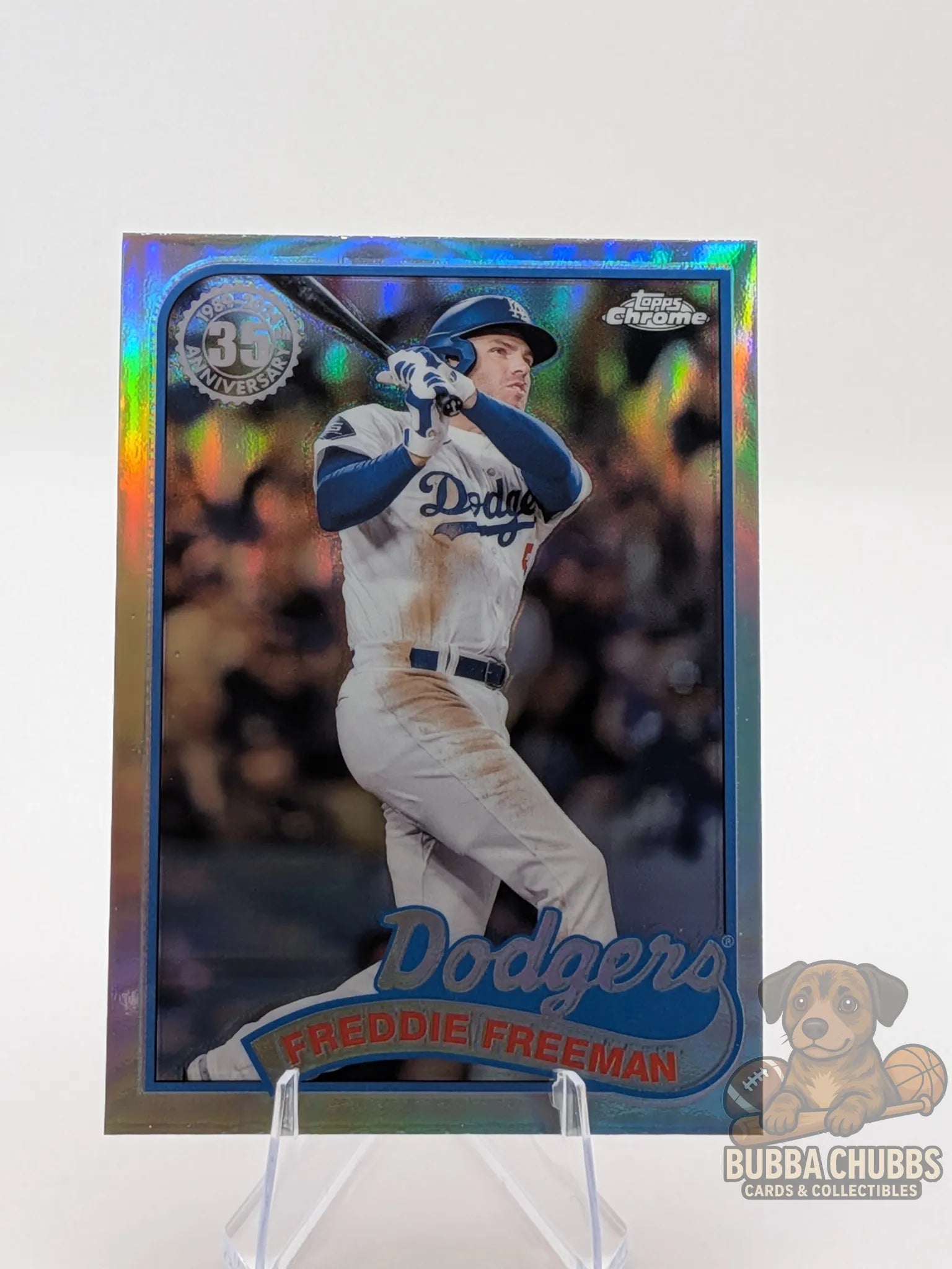 Baseball trading card of Freddie Freeman of the Los Angeles Dodgers topps chrome 35th anniversary 