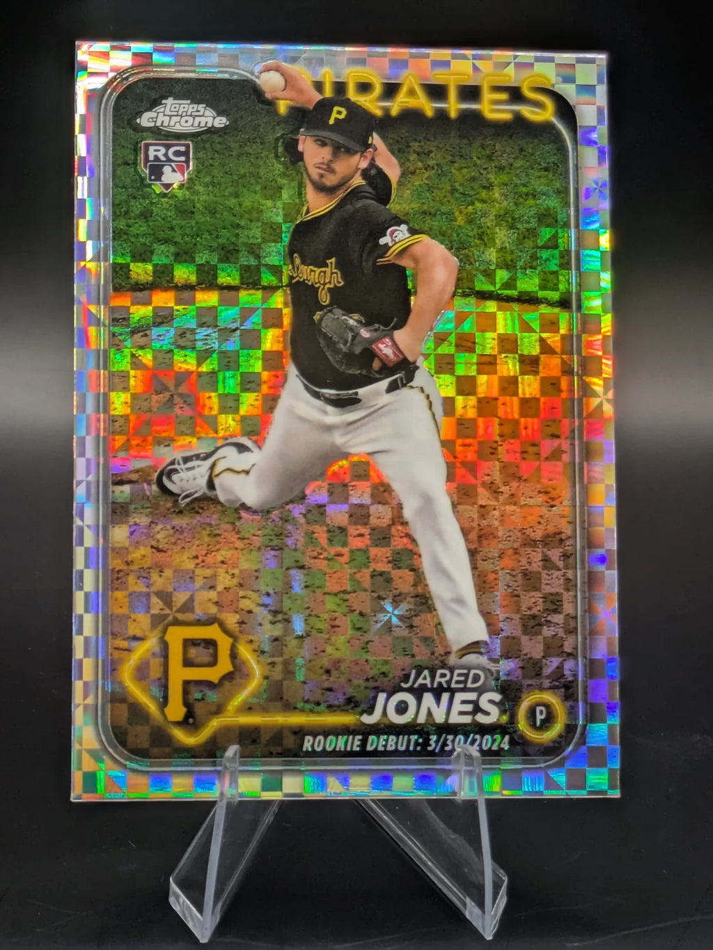 Baseball trading card of Jared Jones Update Series Pittsburg Pirates Rookie xFractor Parallel Checkerboard