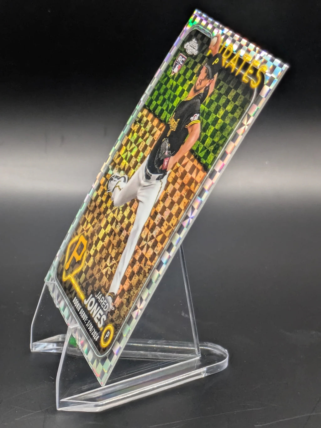 Baseball trading card of Jared Jones Update Series Pittsburg Pirates Rookie xFractor Parallel Checkerboard